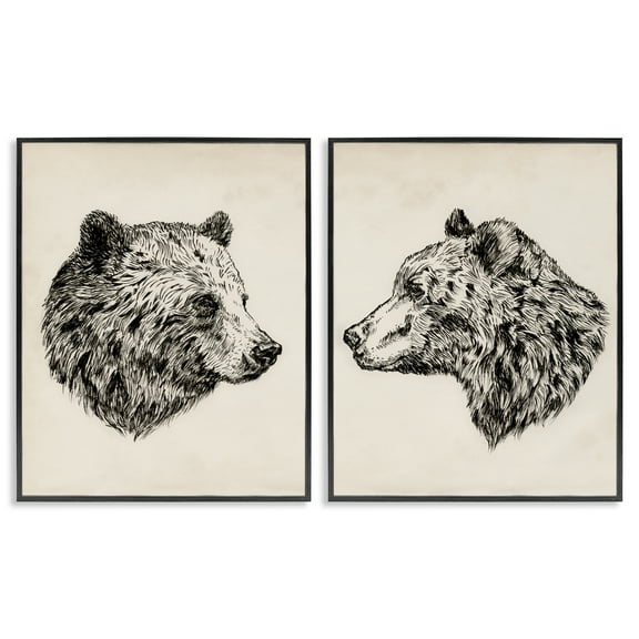 Stupell Industries Portrait Brown Bear Animal Animals Drawing Black Framed Art Print Wall Art, 11 x 14, Set of 2