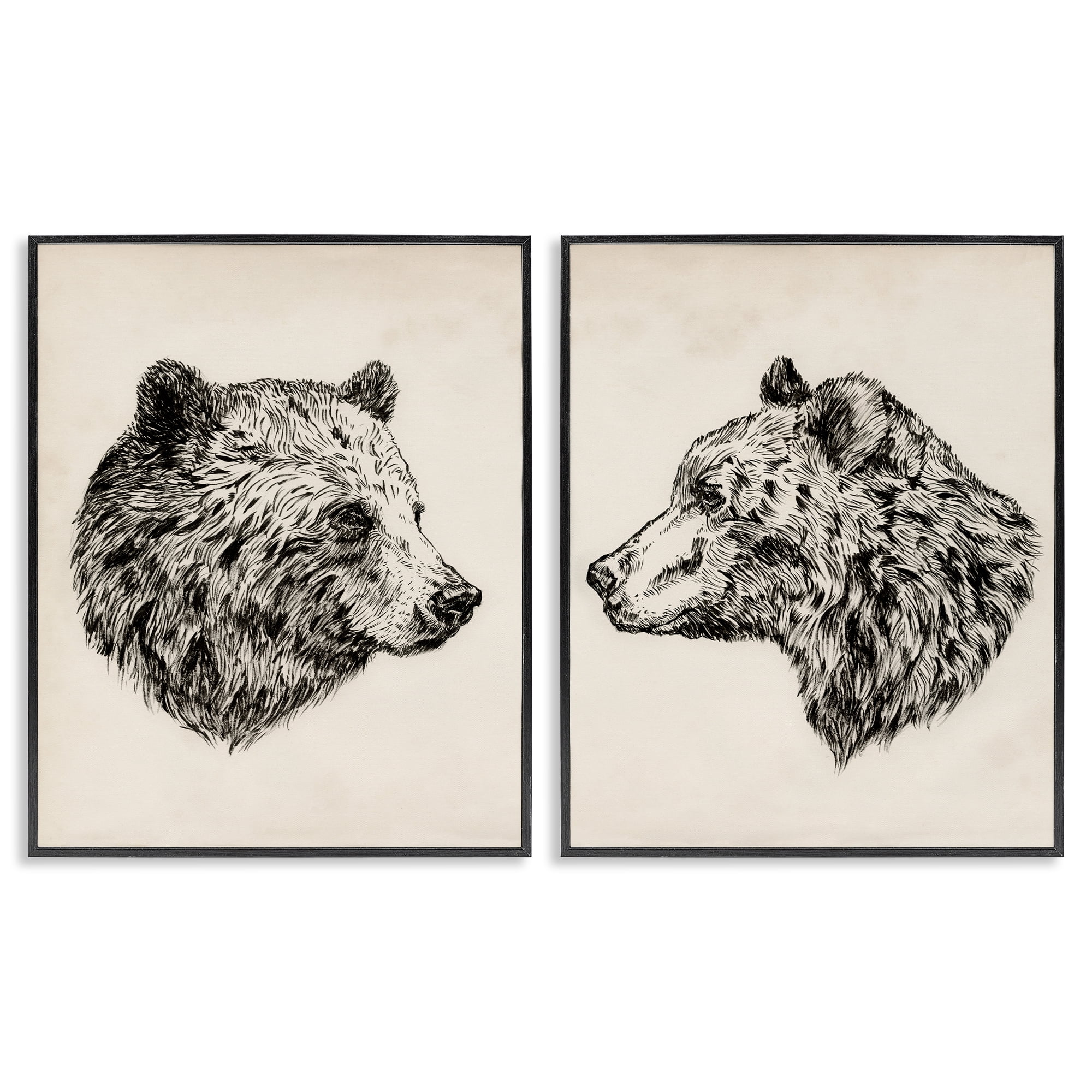 Stupell Industries Portrait Brown Bear Animal Animals Drawing Black Framed Art Print Wall Art, 24 x 30, Set of 2
