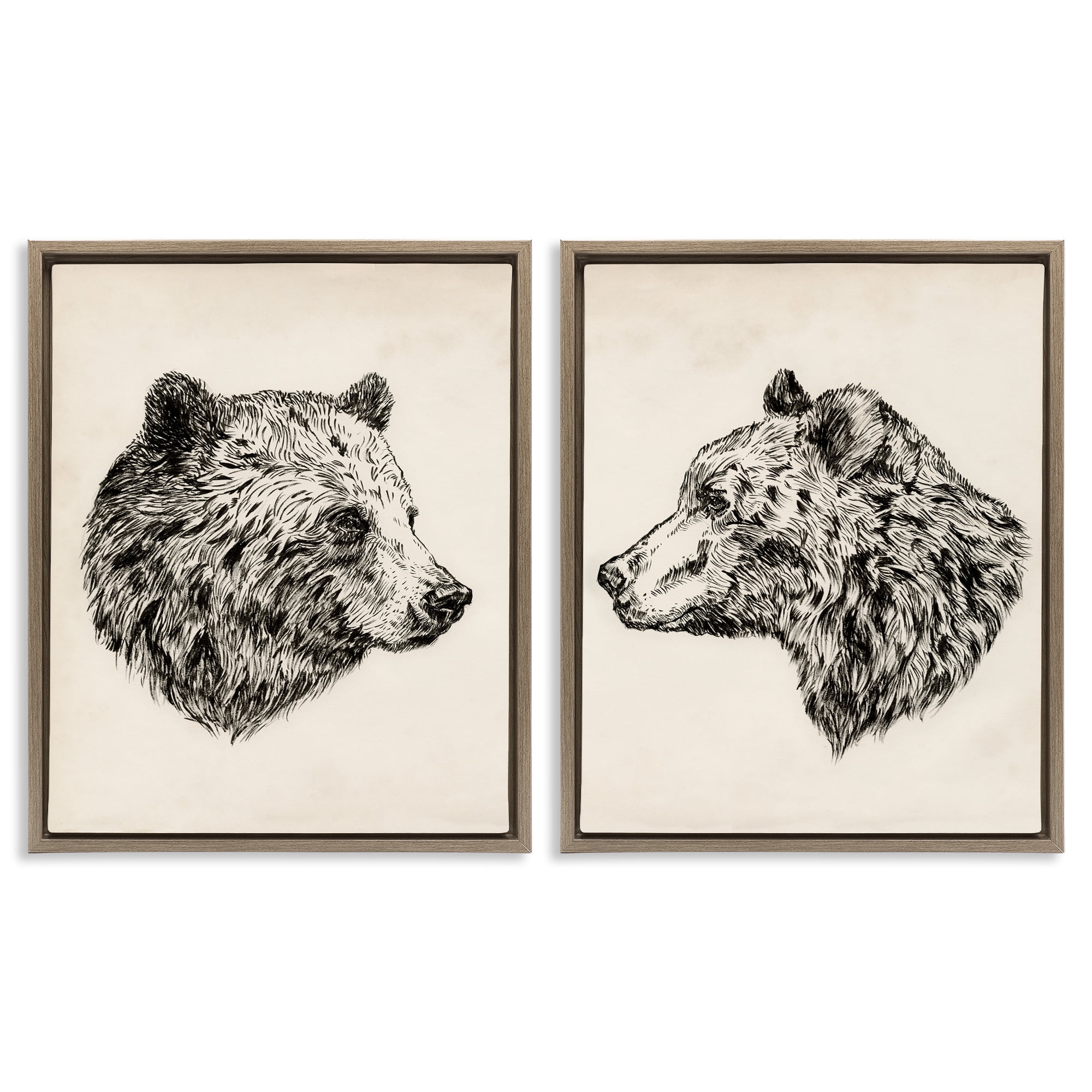 Stupell Industries Portrait Brown Bear Animal Animals Drawing Brown Floater Framed Canvas Art Print Wall Art, 17 x 21, Set of 2