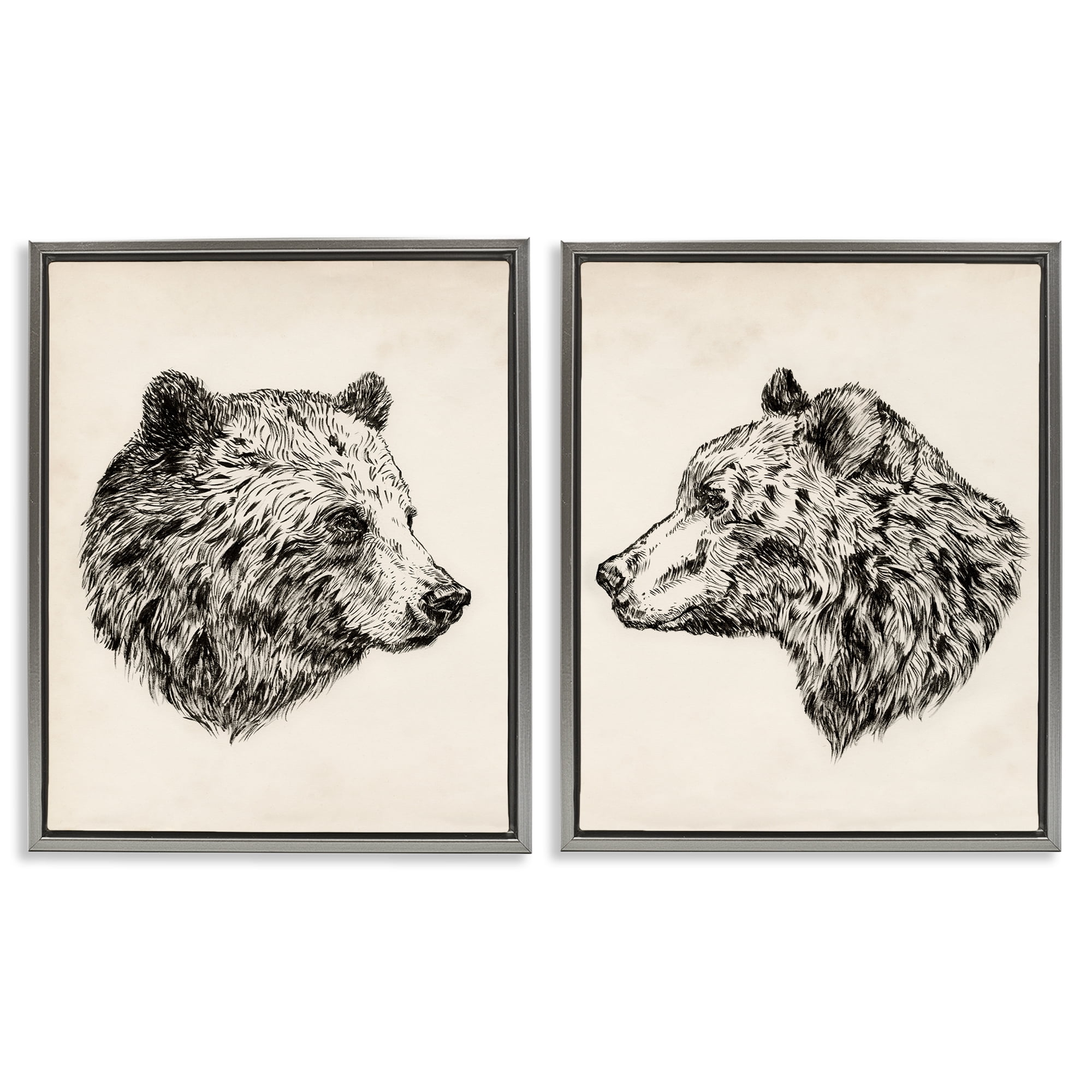 Stupell Industries Portrait Brown Bear Animal Animals Drawing Gray Floater Framed Canvas Art Print Wall Art, 17 x 21, Set of 2