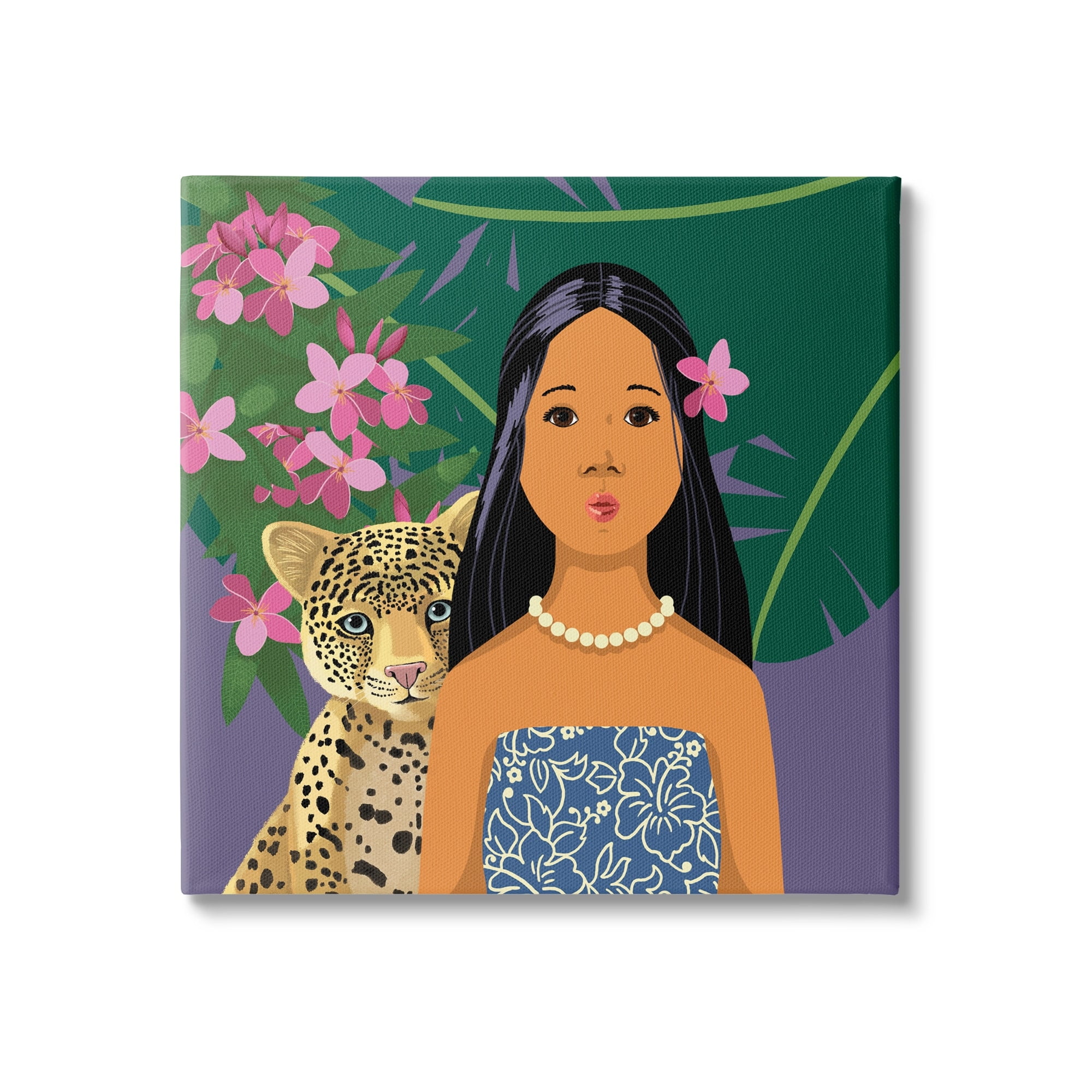 Stupell Industries Portrait Girl Leopard Friend Pink Flowers Leaves, 24 x 24, Design by Sally Springer Griffith
