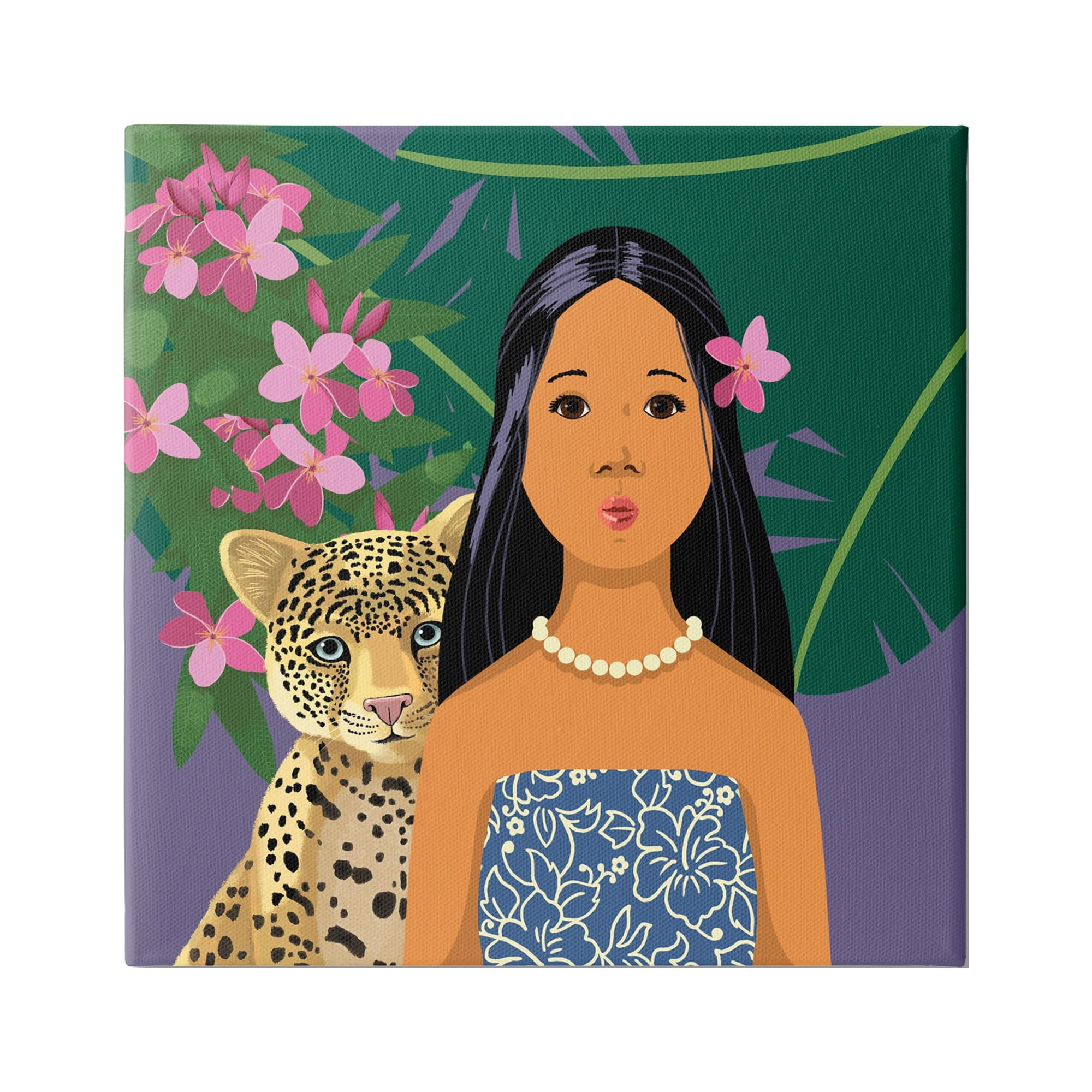 Stupell Industries Portrait Girl Leopard Friend Pink Flowers Leaves, 30 x 30, Design by Sally Springer Griffith