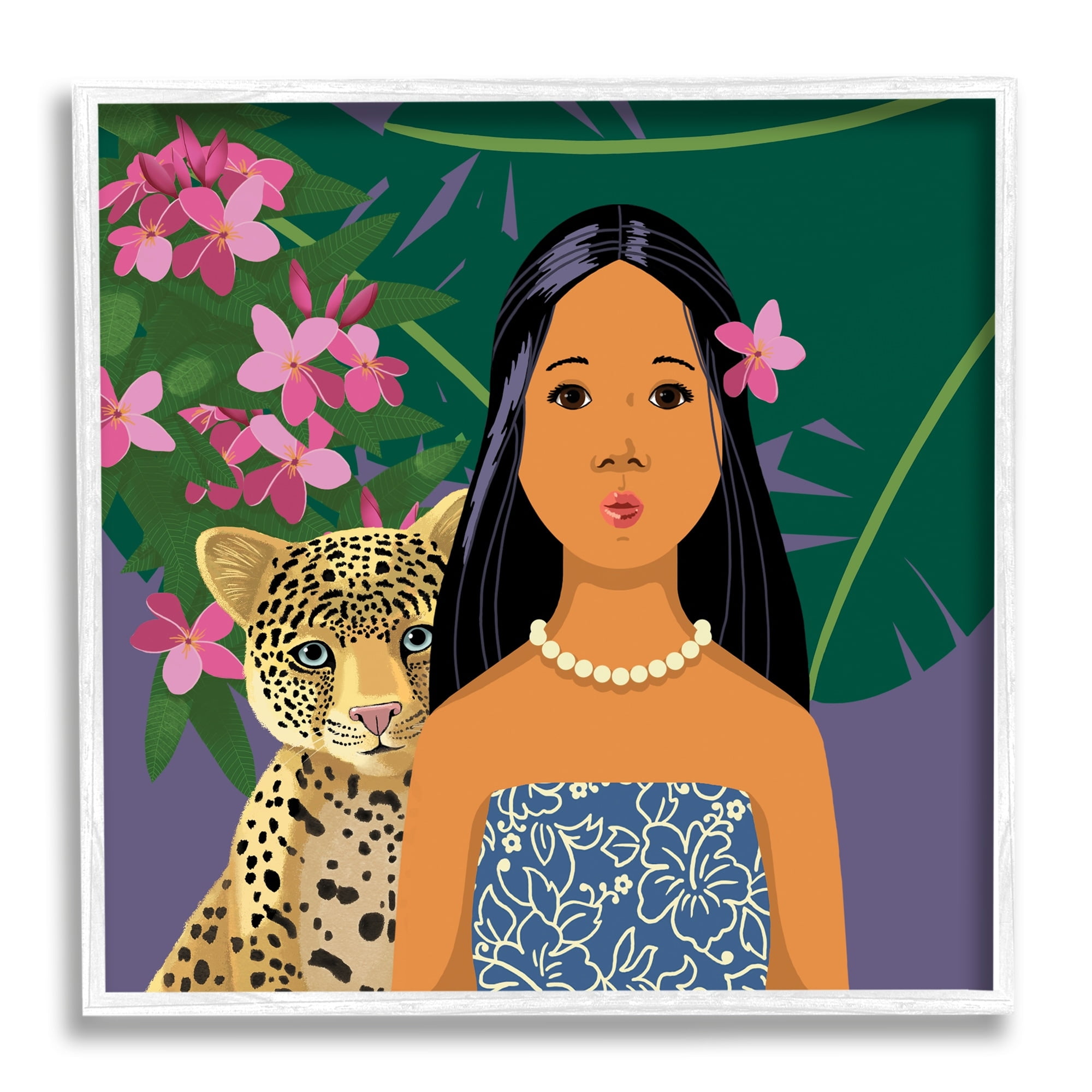 Stupell Industries Portrait Girl Leopard Friend Pink Flowers Leaves Graphic Art White Framed Art Print Wall Art, 17x17, by Sally Springer Griffith