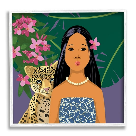 Stupell Industries Portrait Girl Leopard Friend Pink Flowers Leaves Graphic Art White Framed Art Print Wall Art, 17x17, by Sally Springer Griffith