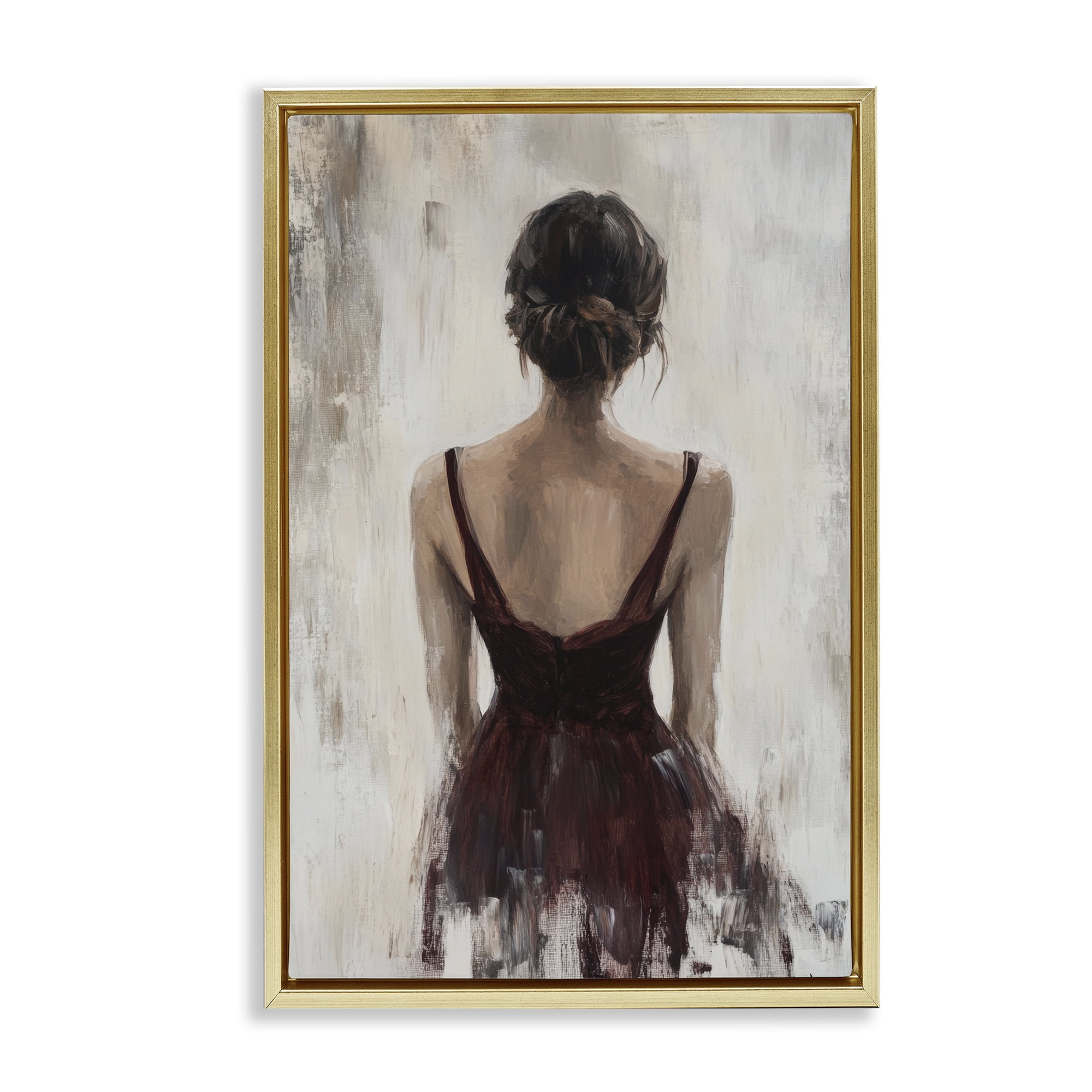 Stupell Industries Portrait of Woman in Burgundy Gold Framed Floater Canvas Wall Art, design by Petal Prints Design