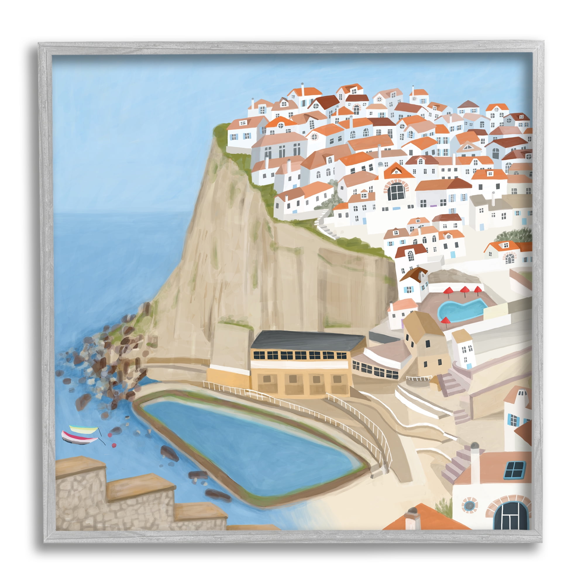 Gray Framed Coastal City Landscape Illustration Print, 12 x 12