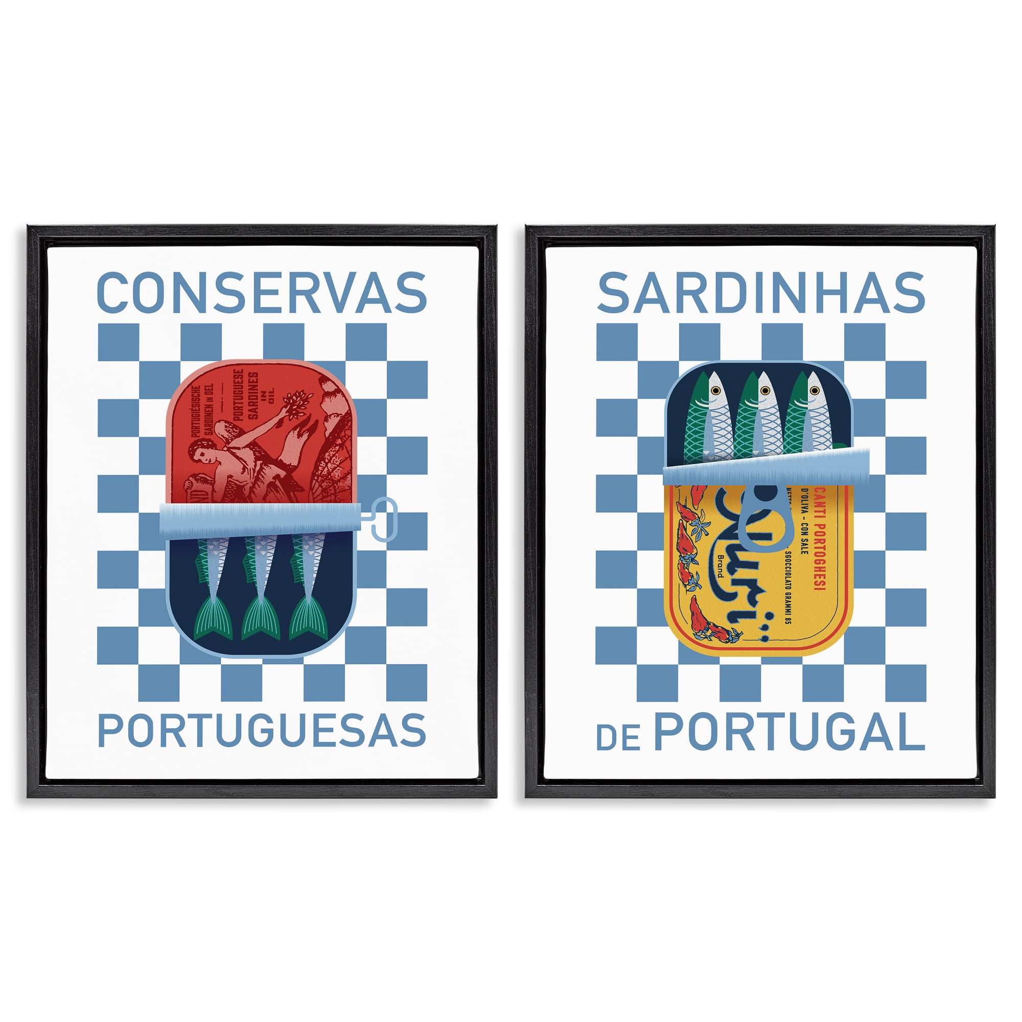 Stupell Industries Portuguese Canned Sardines Food & Beverage Painting Black Floater Framed Canvas Art Print Wall Art, 31 x 25, Set of 2