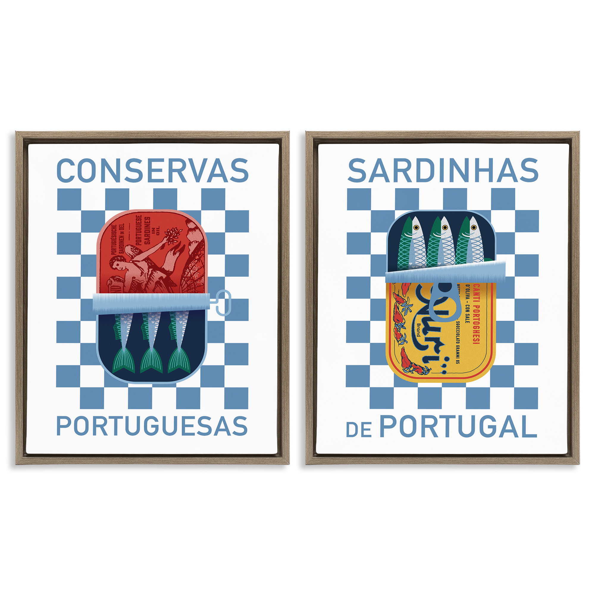 Stupell Industries Portuguese Canned Sardines Food & Beverage Painting Brown Floater Framed Canvas Art Print Wall Art, 31 x 25, Set of 2