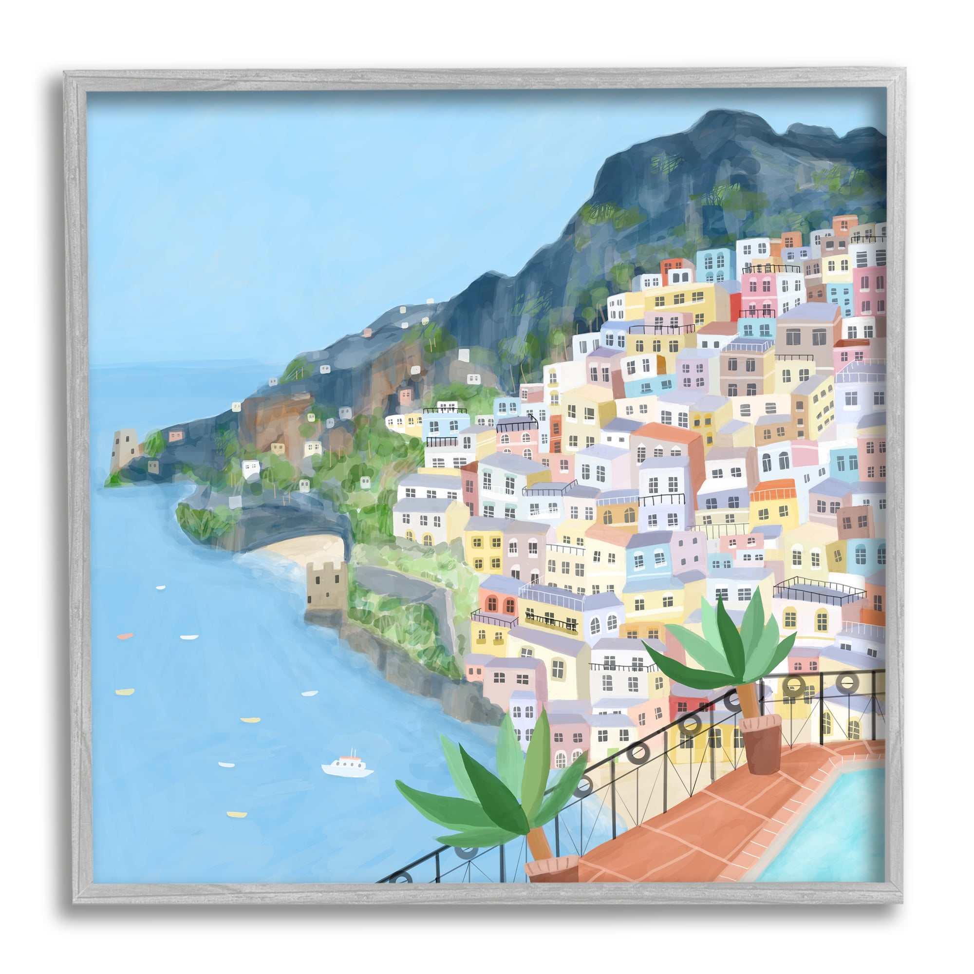 Positano Cliffside Coastal City Canvas Print with Gray Frame