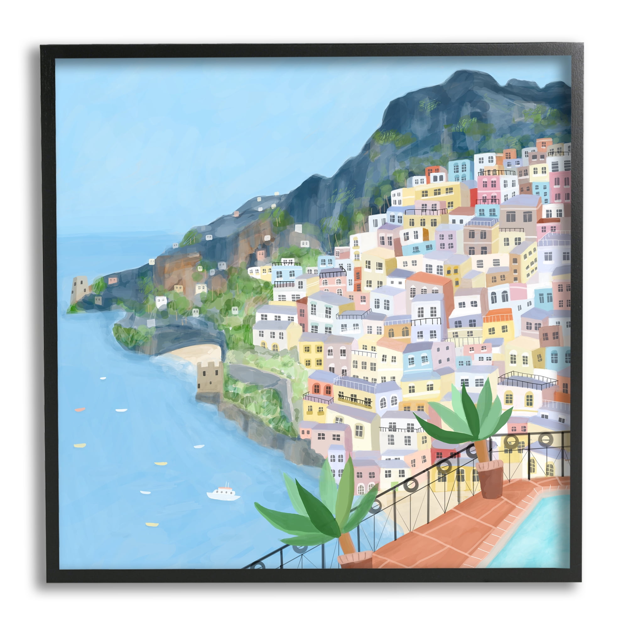 Stupell Industries Positano Cliffside Coastal City Architecture Italian Buildings Travel & Places Painting Black Framed Art Print Wall Art, 12 x 12