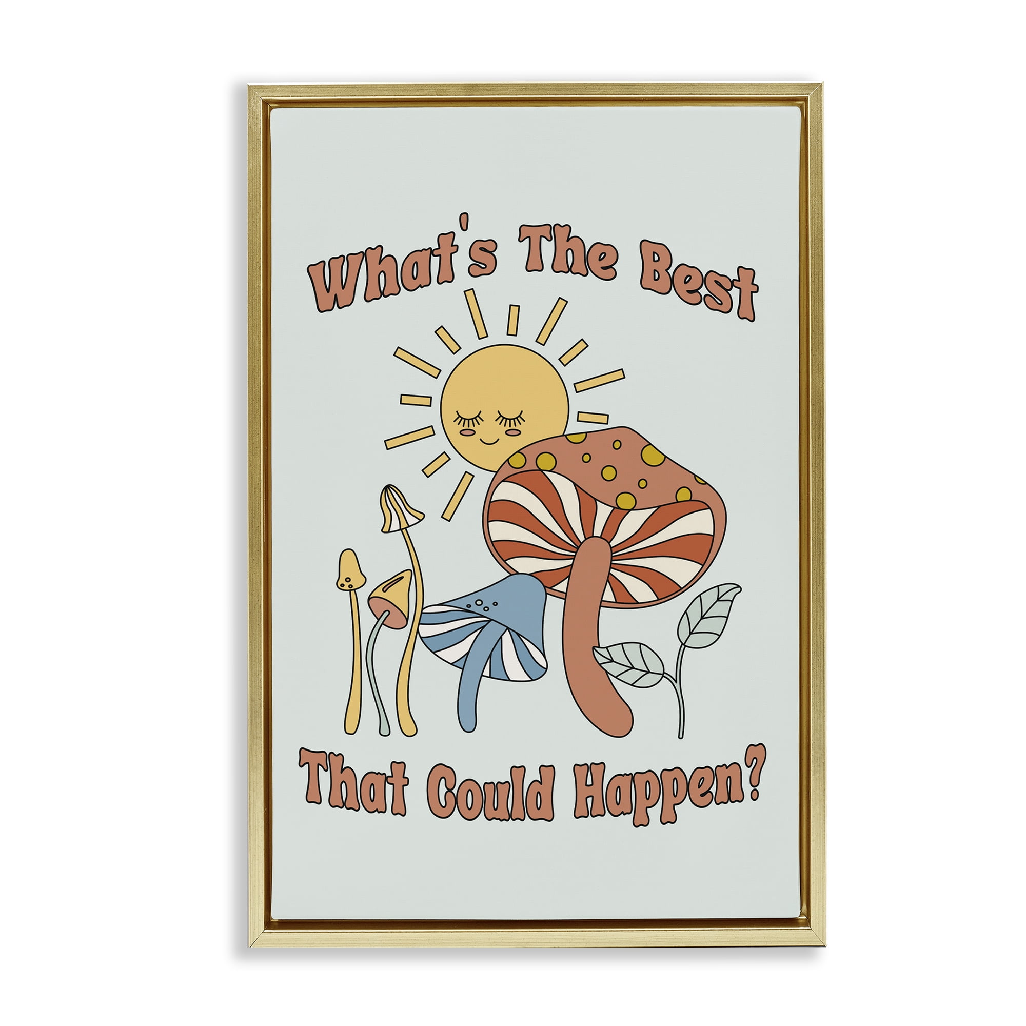 Stupell Industries Positivity Vibes with Mushrooms Plants & Flowers Painting Gold Floater Framed Canvas Art Print Wall Art, 17 x 25