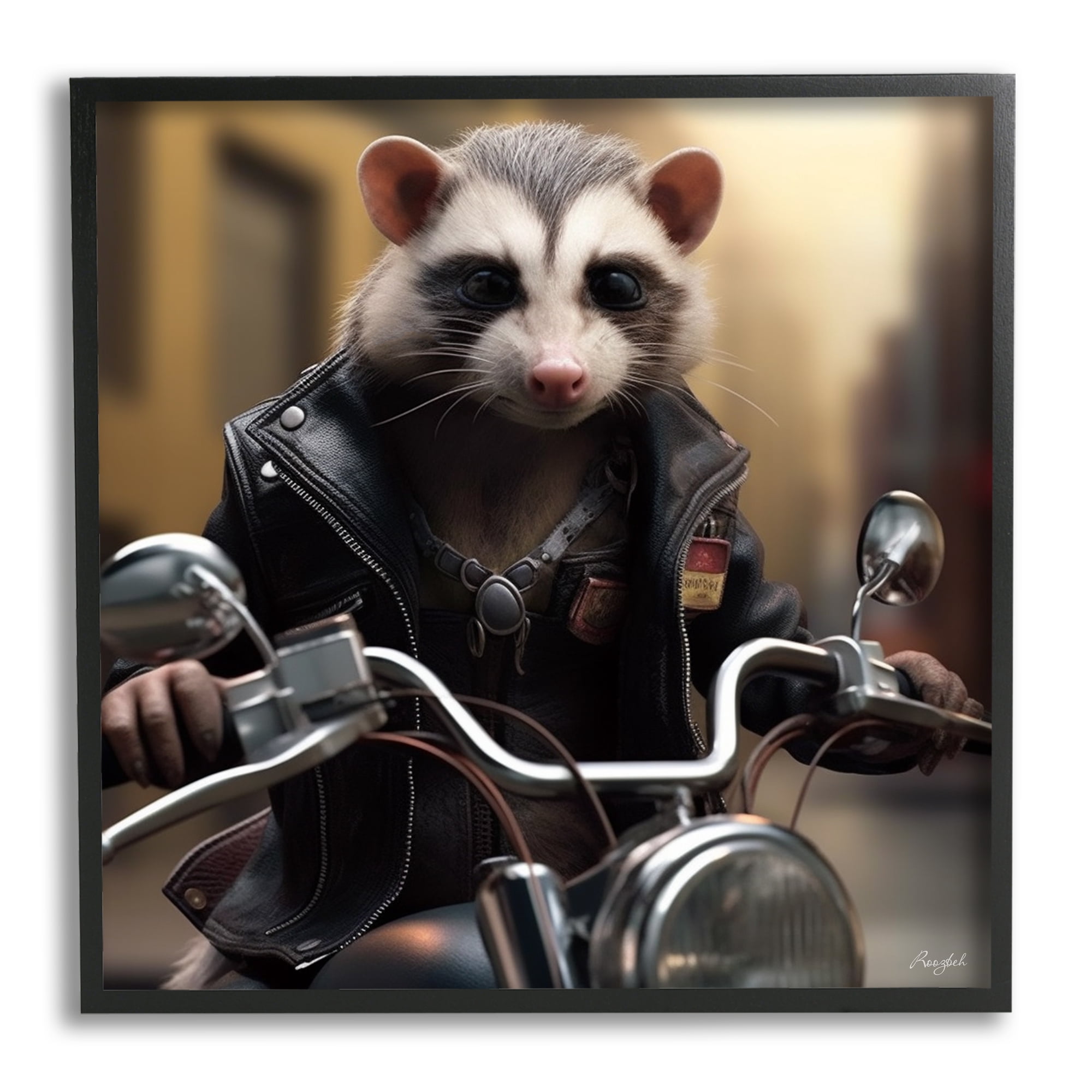 Stupell Industries Possum Motorcycle Biker Animals & Insects Painting Black Framed Art Print Wall Art, 24 x 24