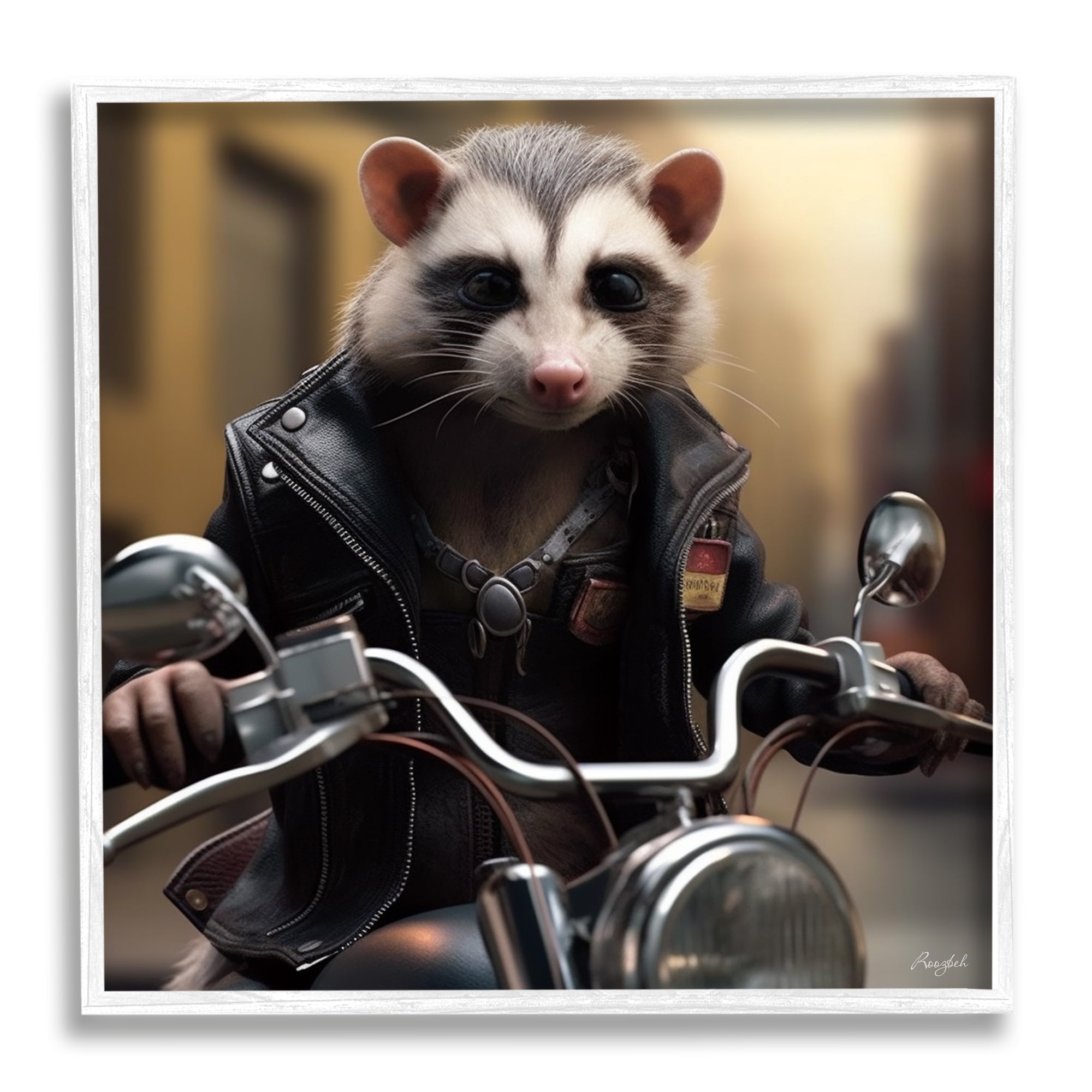 Stupell Industries Possum Motorcycle Biker Animals & Insects Painting White Framed Art Print Wall Art, 17 x 17