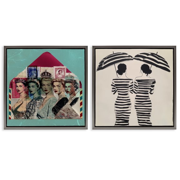 Stupell Industries Postal Glam & Fashionistas 2 Piece Gray Framed Floater Canvas Set design by Annabelle Hall, 18 x 18