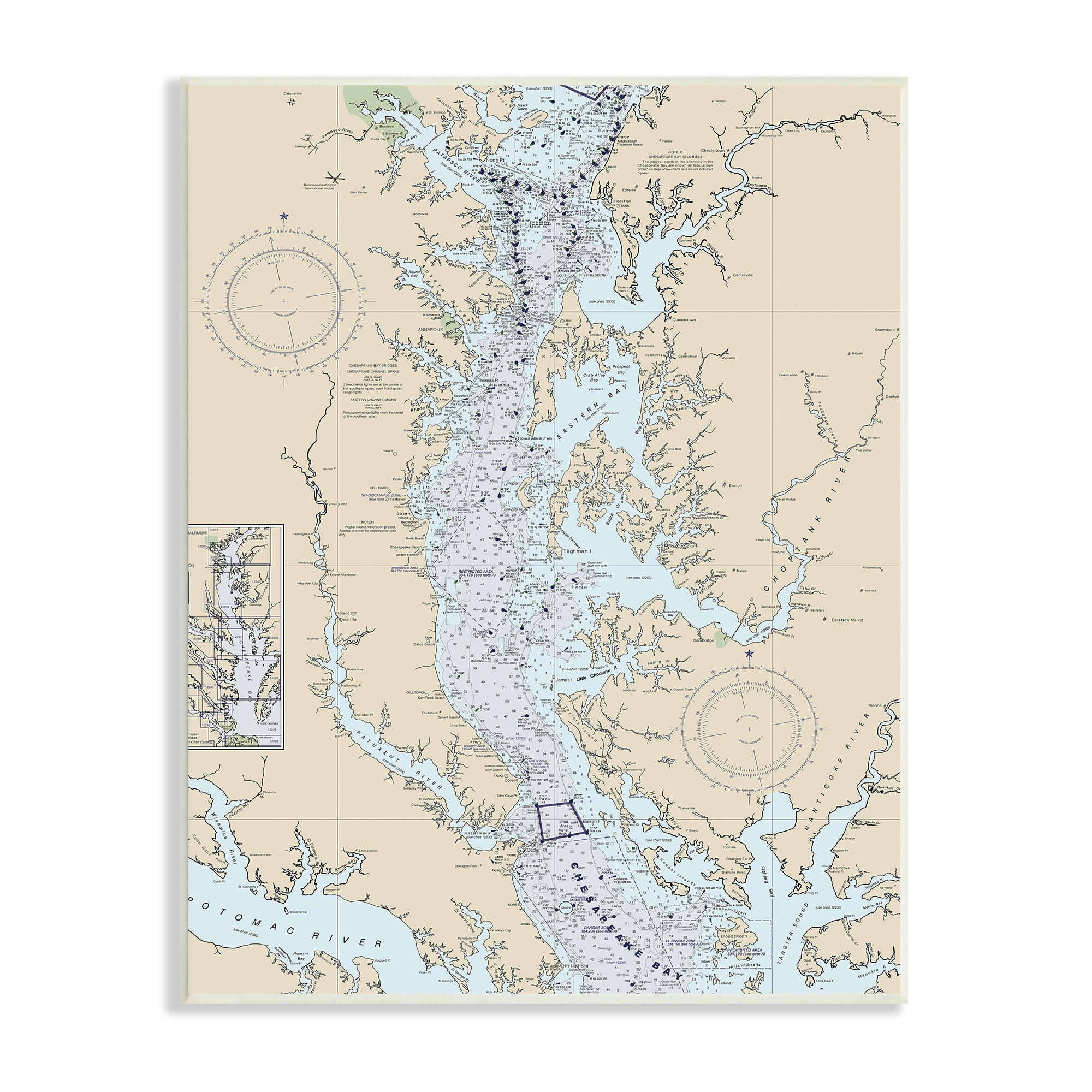Stupell Industries Potomac River Chesapeake Bay Coastal Map Beige Blue, 13 x 19, Designed by Daphne Polselli