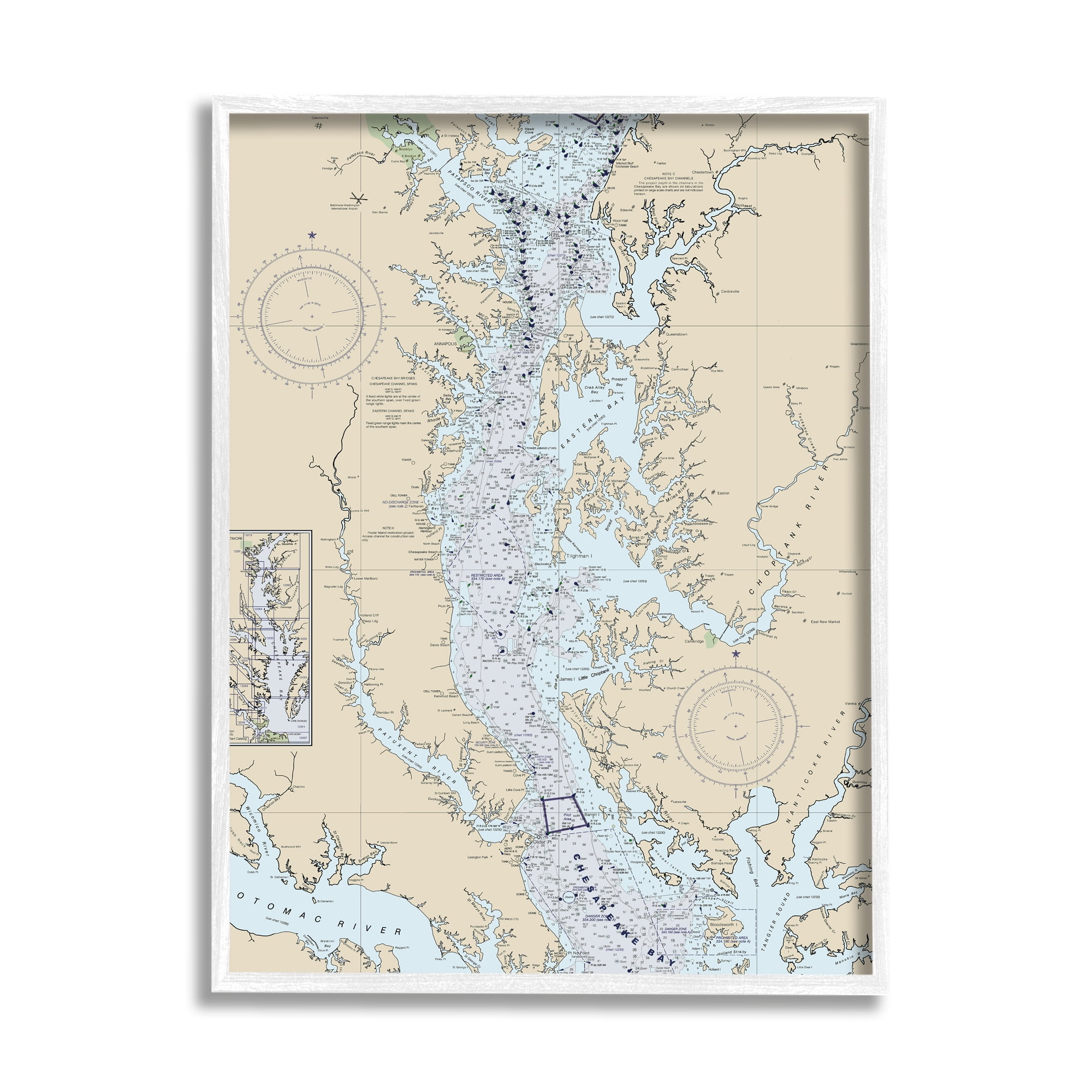 Potomac River Chesapeake Bay Coastal Map Beige Blue White Framed Wall Art