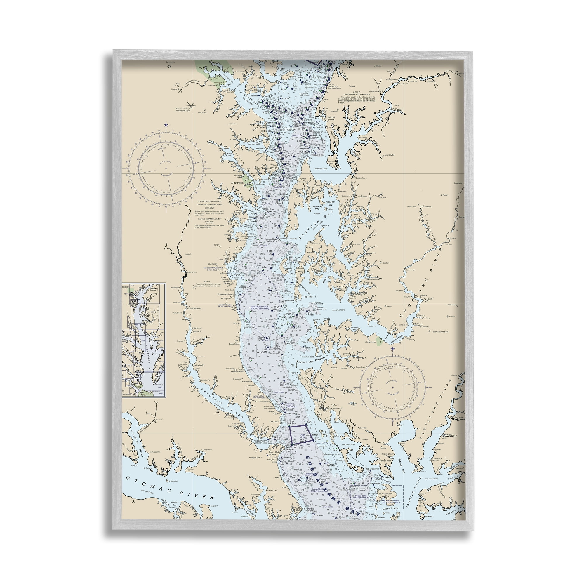 Potomac River Chesapeake Bay Coastal Map Beige Blue Framed Print