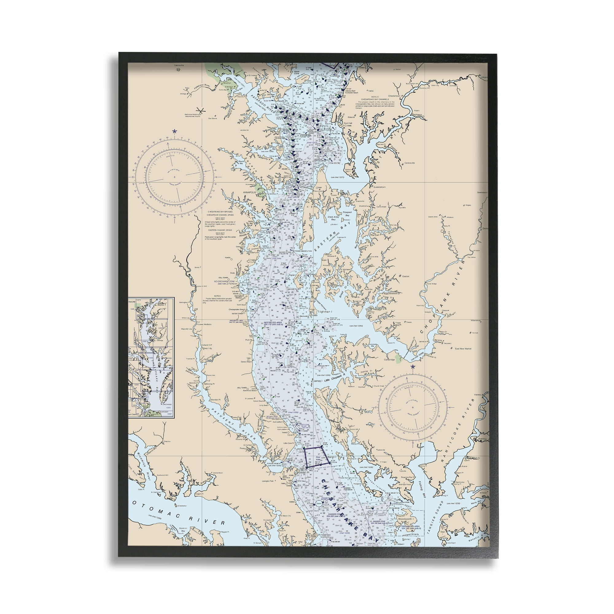 Vintage Coastal Map Print with Black Frame, 11 x 14