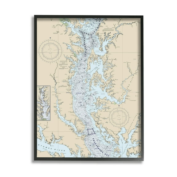 Stupell Industries Potomac River Chesapeake Bay Coastal Map Beige Blue Vintage Painting Black Framed Art Print Wall Art, 24 x 30, Design by Daphne Polselli