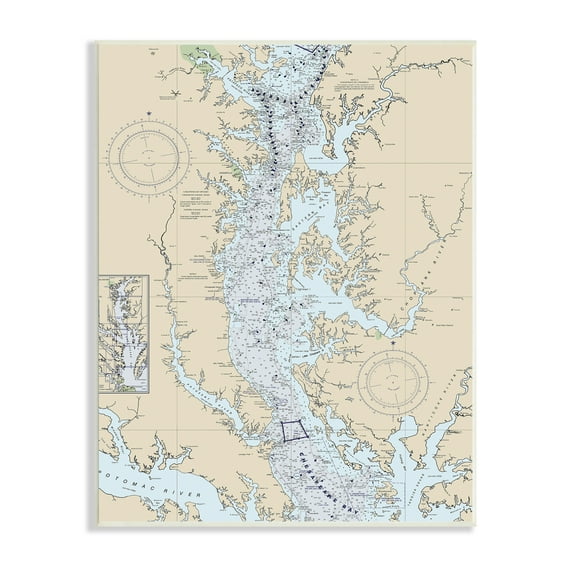 Stupell Industries Potomac River Chesapeake Bay Coastal Map Beige Blue Vintage Painting Unframed Art Print Wall Art, 10 x 15, Design by Daphne Polselli