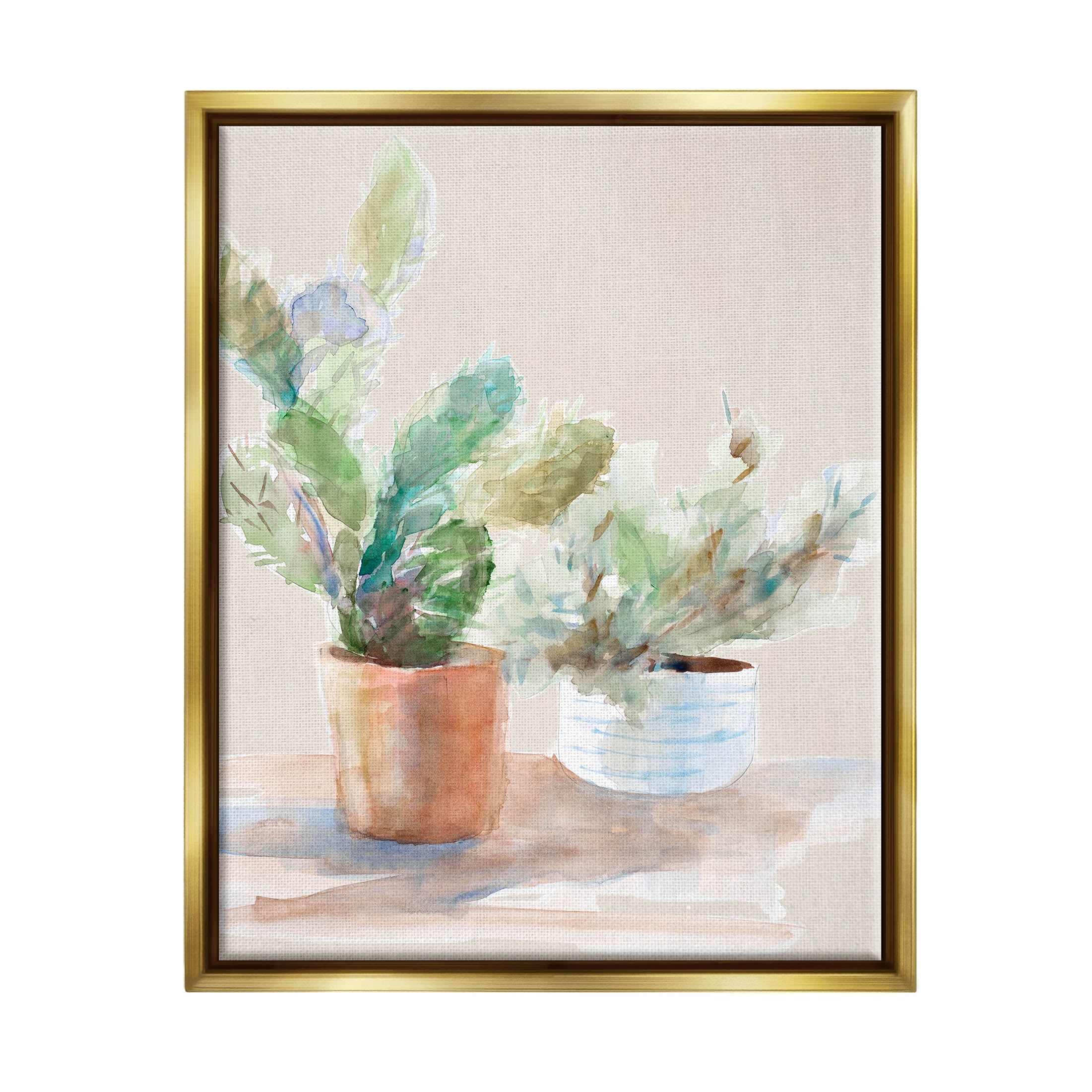 Stupell Industries Potted Cactus Plants Watercolor Painting Metallic Gold Floating Framed Canvas Print Wall Art, Design by Lanie Loreth