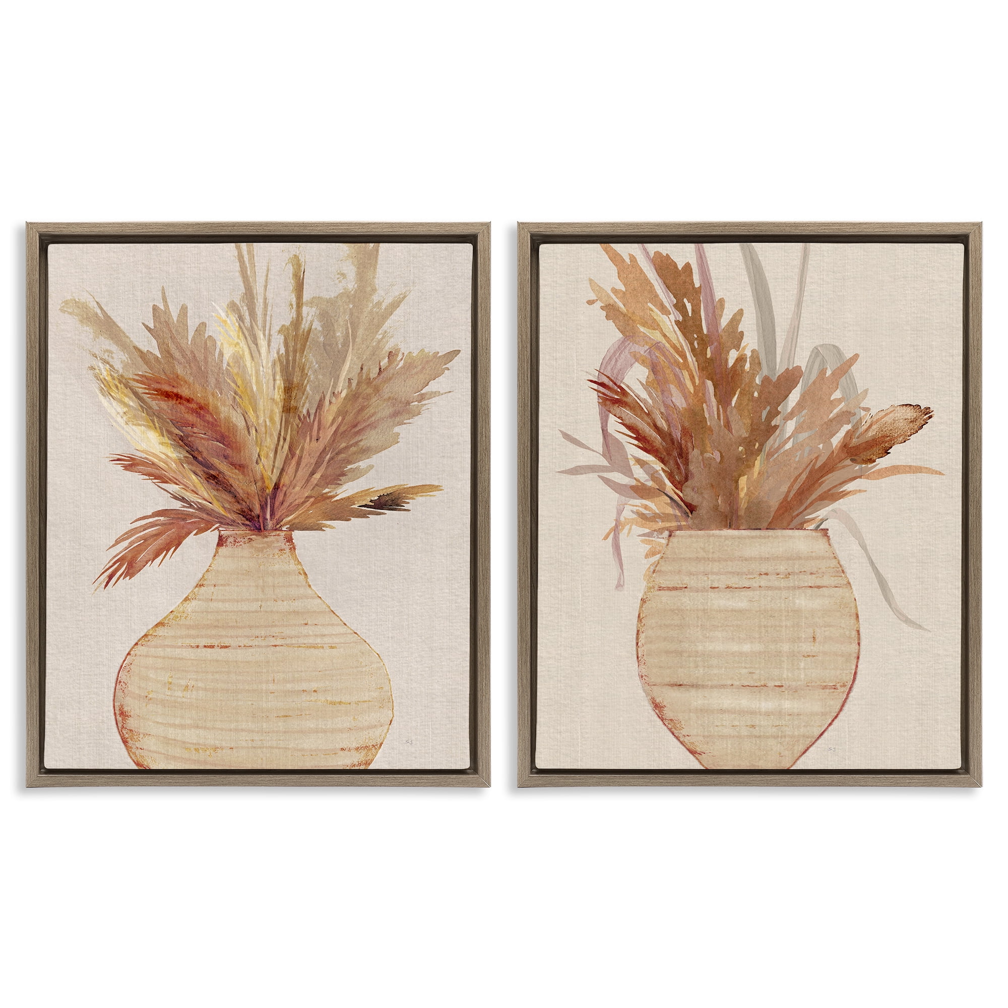 Stupell Industries Potted Feather Pampas Plants & Flowers Painting Brown Floater Framed Canvas Art Print Wall Art, 17 x 21, Set of 2