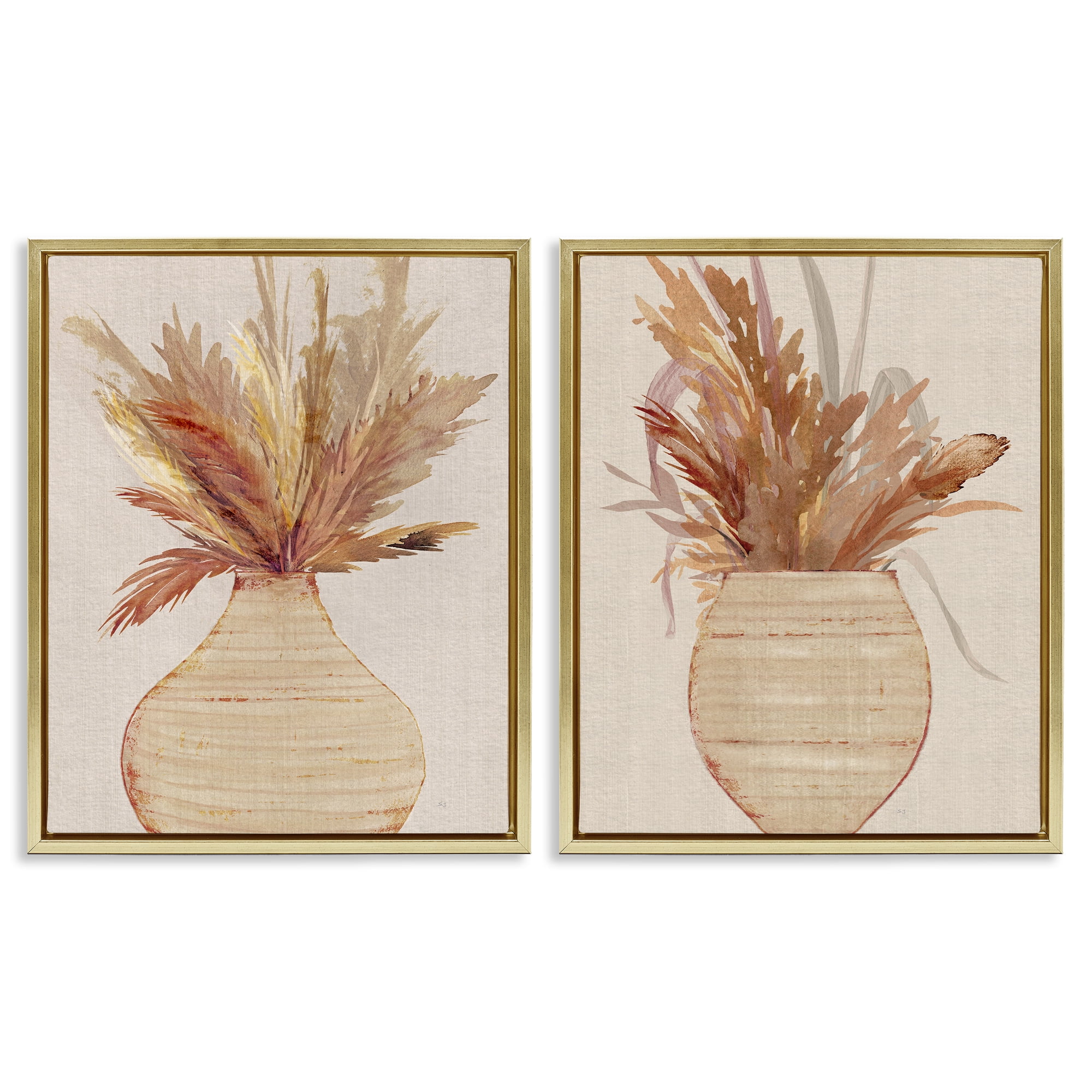 Stupell Industries Potted Feather Pampas Plants & Flowers Painting Gold Floater Framed Canvas Art Print Wall Art, 17 x 21, Set of 2