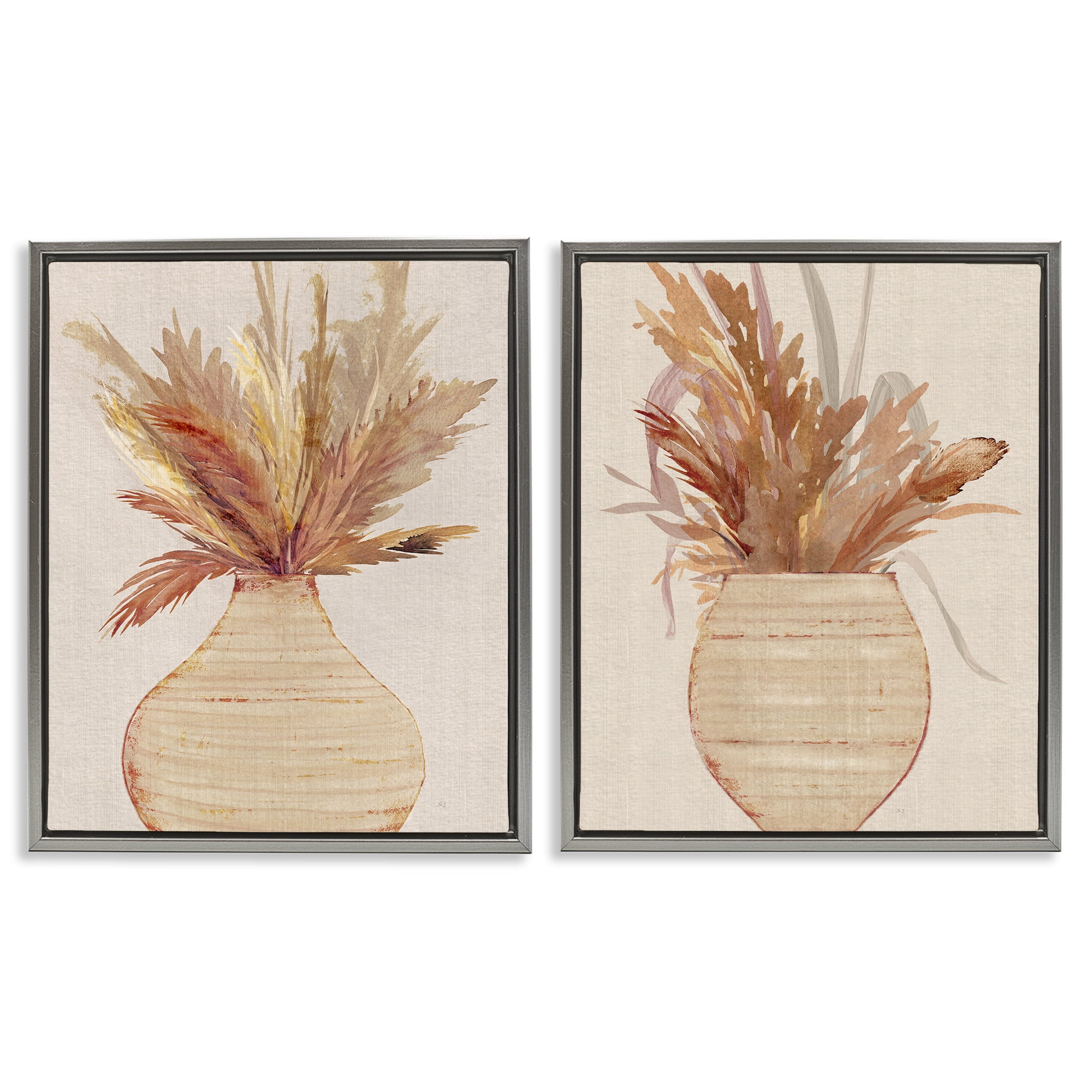 Stupell Industries Potted Feather Pampas Plants & Flowers Painting Gray Floater Framed Canvas Art Print Wall Art, 31 x 25, Set of 2