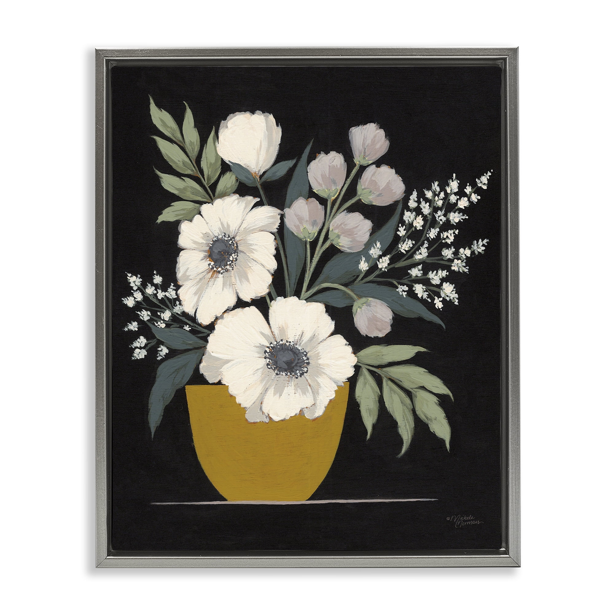 Stupell Industries Potted Flower Bouquet Botanical & Floral Painting Gray Floater Framed Art Print Wall Art, 17 x 21