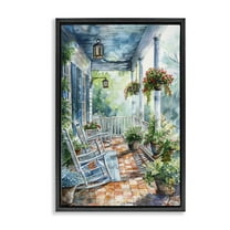 Stupell Industries Potted Geraniums Porch Buildings & Architecture Painting Black Floater Framed Canvas Art Print Wall Art, 17 x 25