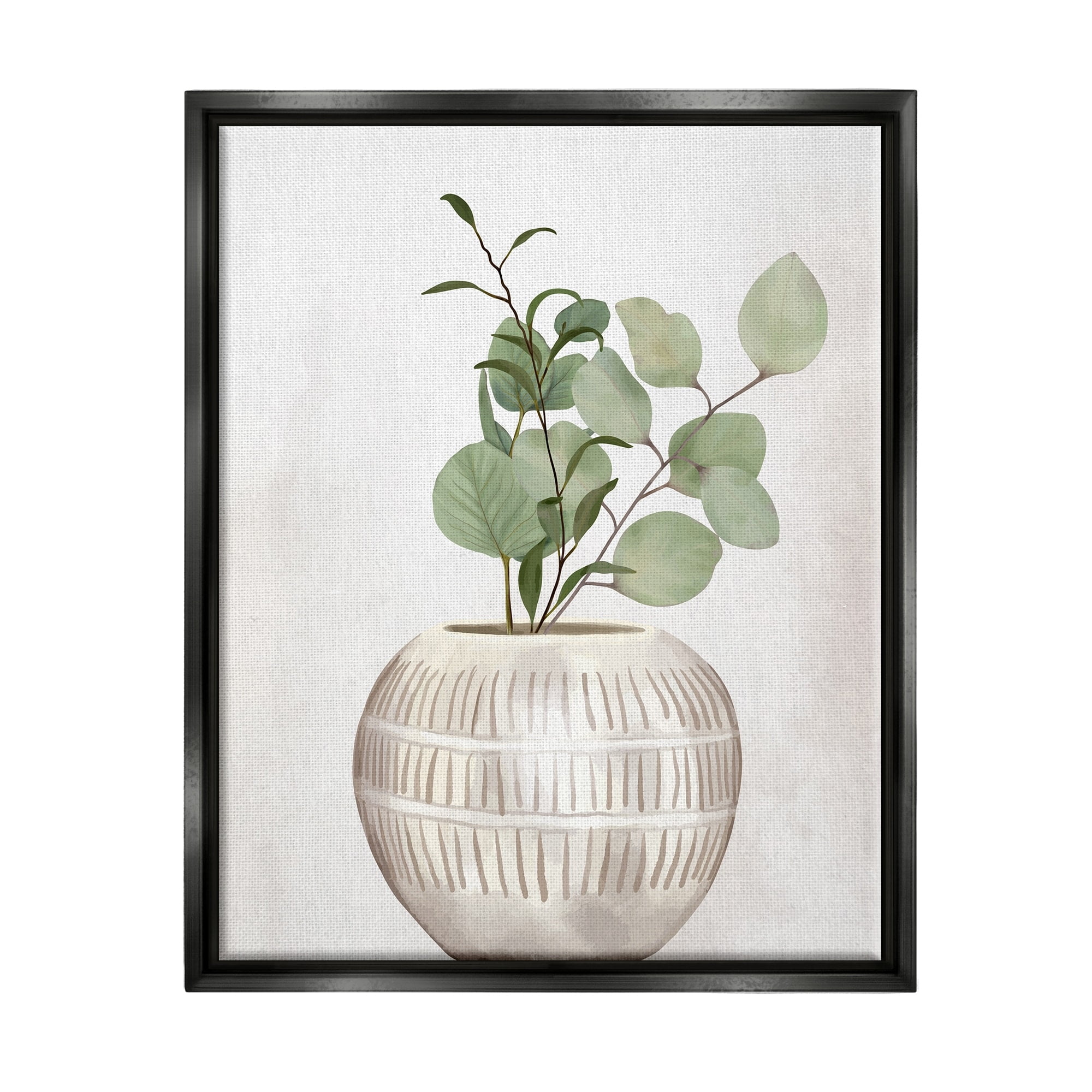 Stupell Industries Potted Herbal Plants Round Leaves Patterned Vase Painting Jet Black Floating Framed Canvas Print Wall Art, Design by Kim Allen