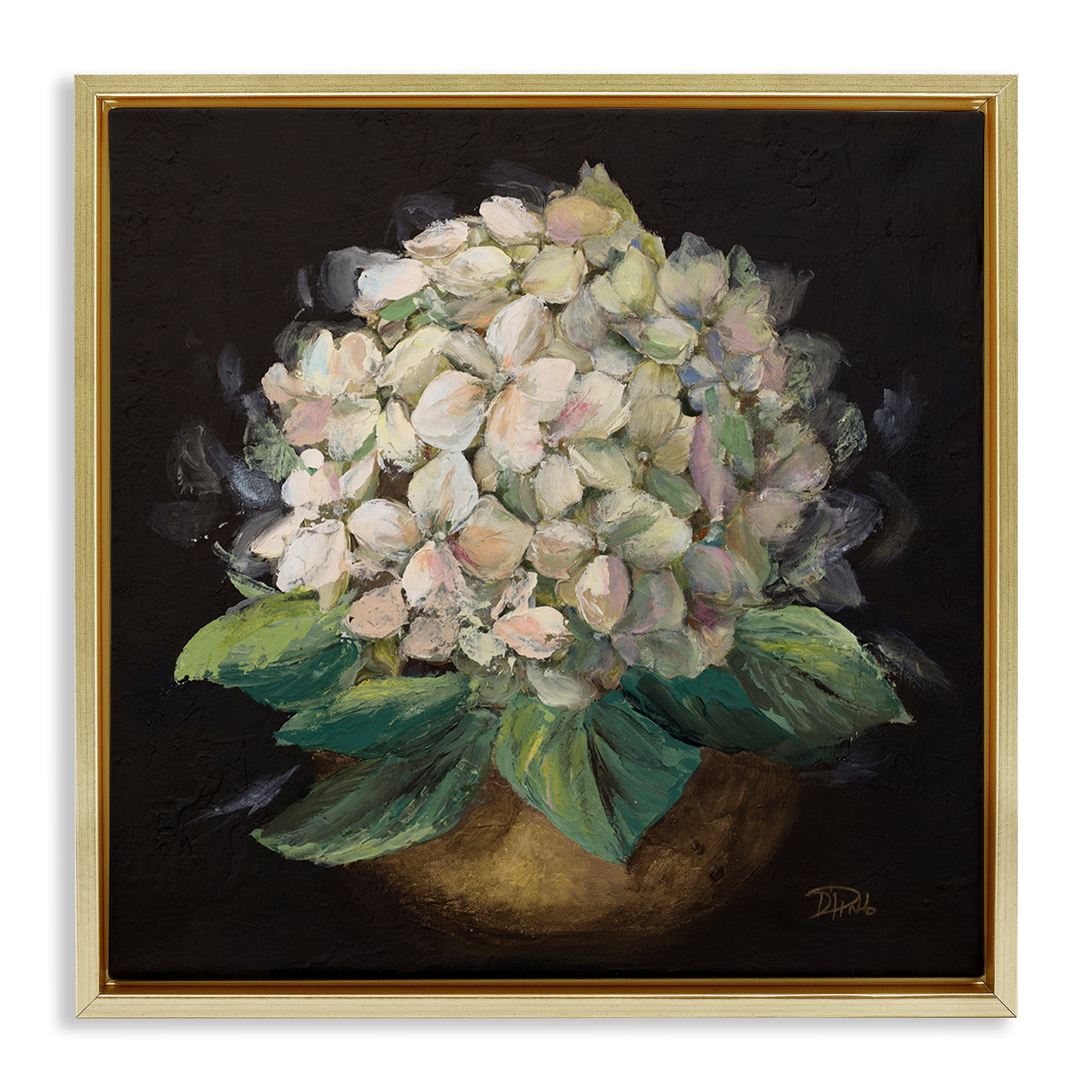 Stupell Industries Potted Hydrangea Plant Plants & Flowers Painting Gold Floater Framed Canvas Art Print Wall Art, 18 x 18