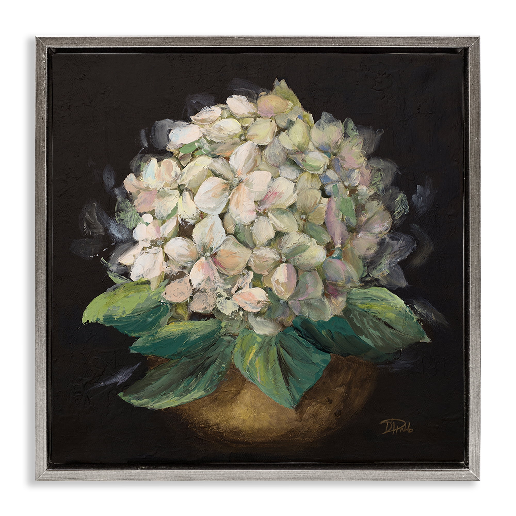Stupell Industries Potted Hydrangea Plant Plants & Flowers Painting Gray Floater Framed Canvas Art Print Wall Art, 18 x 18