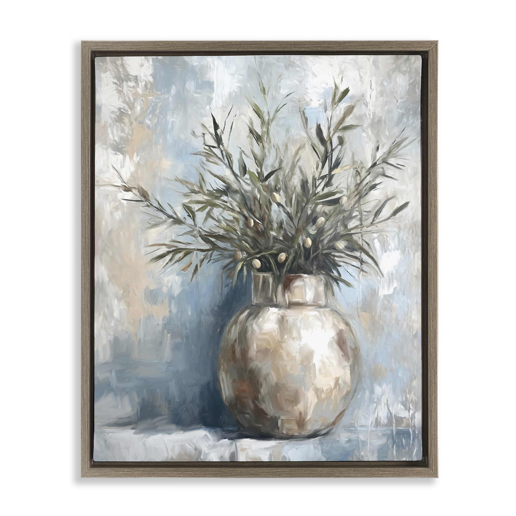 Stupell Industries Potted Olive Branches Botanical & Floral Painting Brown Floater Framed Canvas Art Print Wall Art, 25 x 31