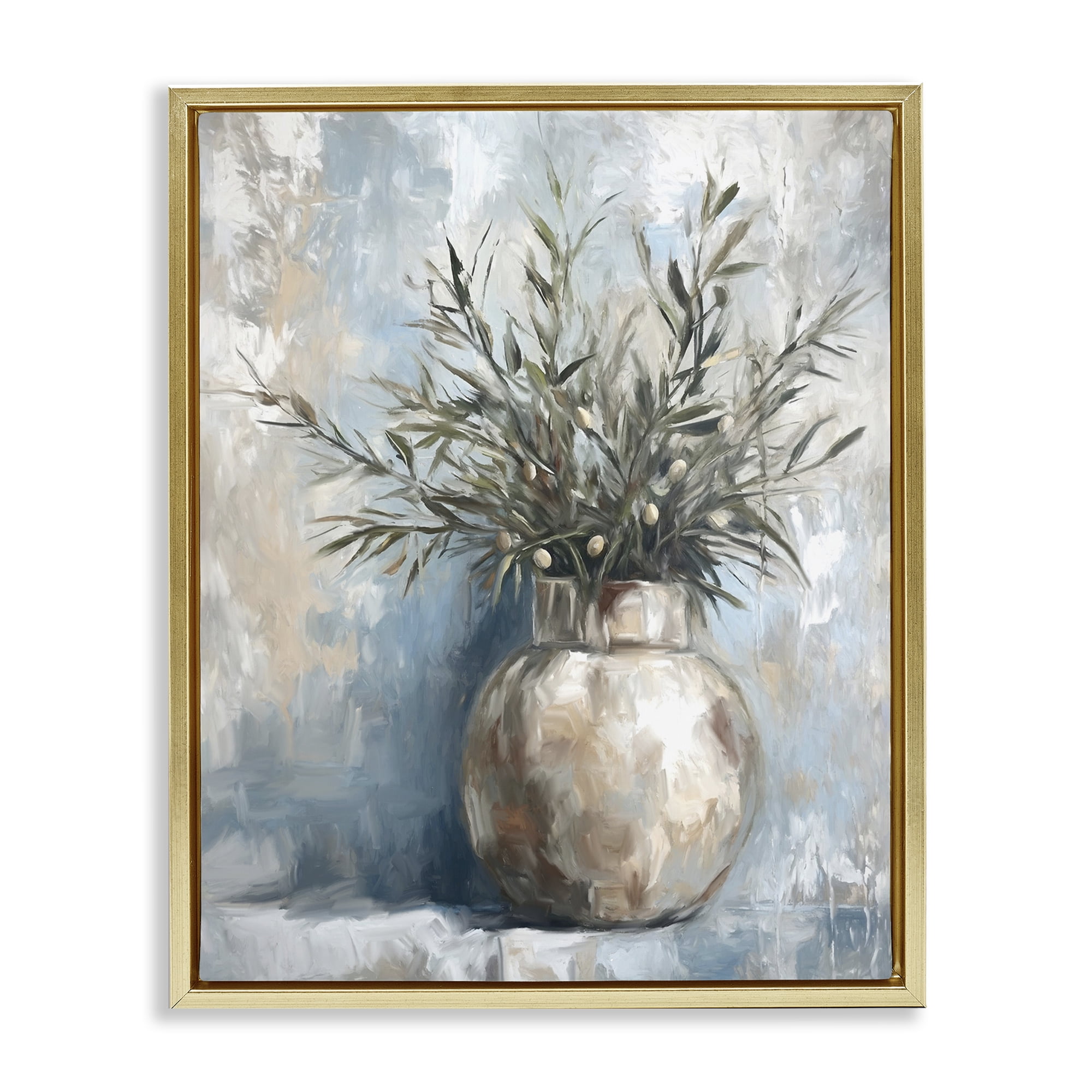Stupell Industries Potted Olive Branches Botanical & Floral Painting Gold Floater Framed Canvas Art Print Wall Art, 17 x 21