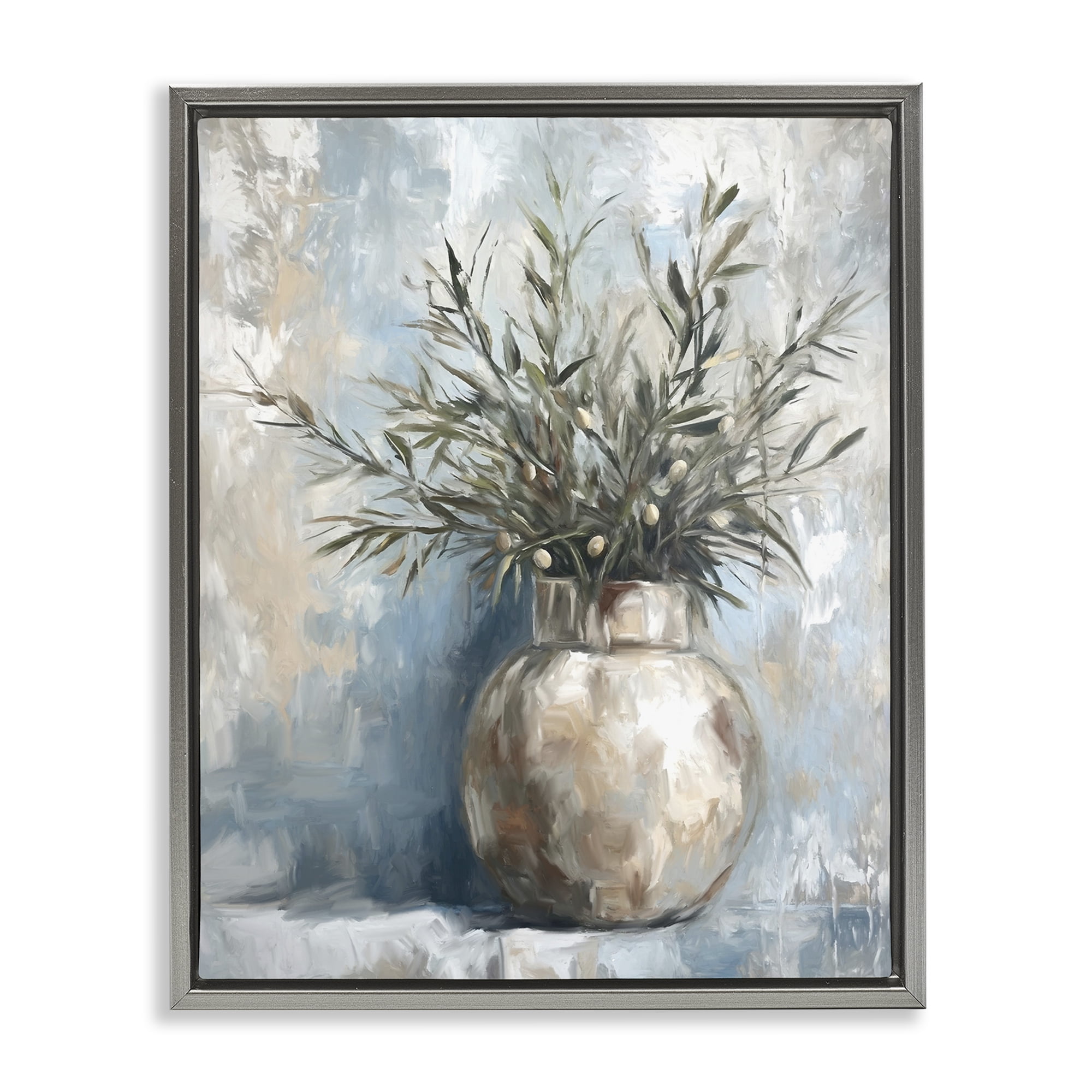 Stupell Industries Potted Olive Branches Botanical & Floral Painting Gray Floater Framed Canvas Art Print Wall Art, 25 x 31