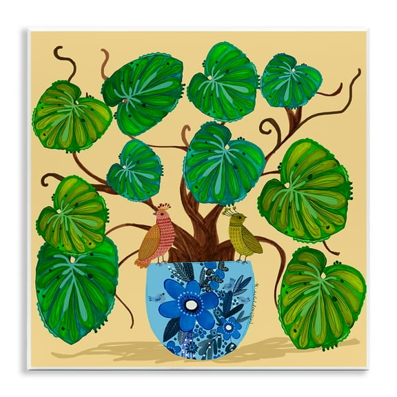Stupell Industries Potted Plant & Birds Perched Animals Painting Unframed Art Print Wall Art, 12 x 12