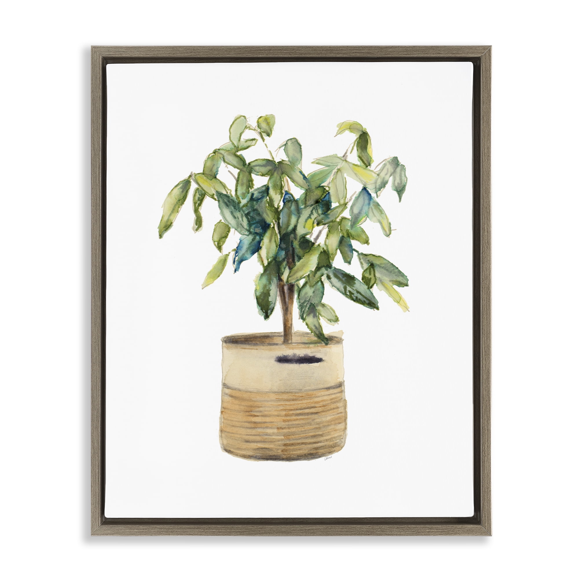 Stupell Industries Potted Plant Greenery Botanical & Floral Painting Brown Floater Framed Art Print Wall Art, 17 x 21
