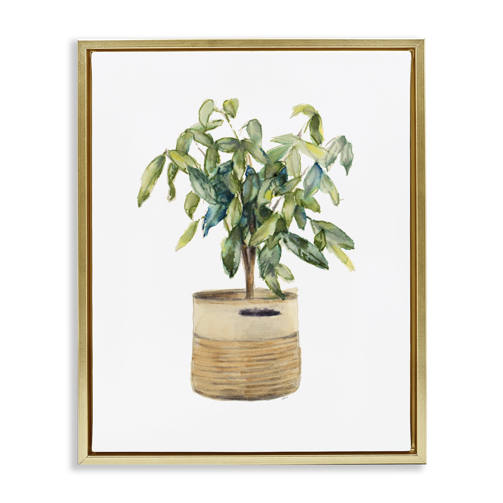 Stupell Industries Potted Plant Greenery Botanical & Floral Painting Gold Floater Framed Art Print Wall Art, 25 x 31