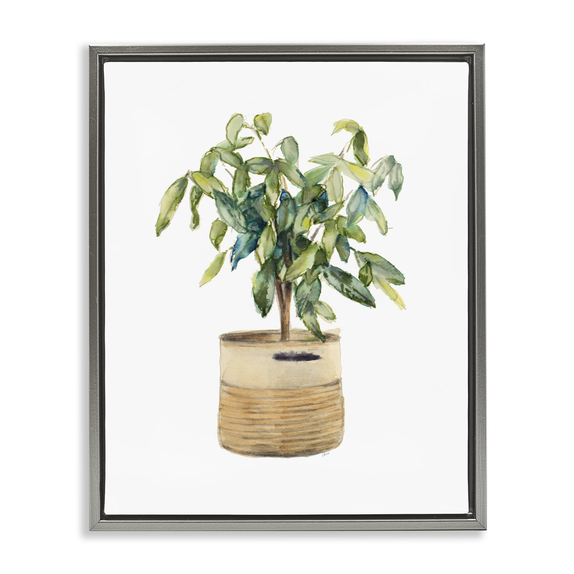 Stupell Industries Potted Plant Greenery Botanical & Floral Painting Gray Floater Framed Art Print Wall Art, 17 x 21