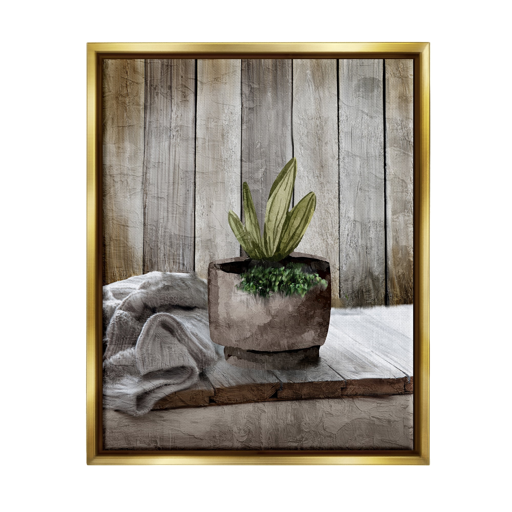 Stupell Industries Potted Plant Still Life Botanical & Floral Painting Gold Floater Framed Canvas Art Print Wall Art, 17 x 21
