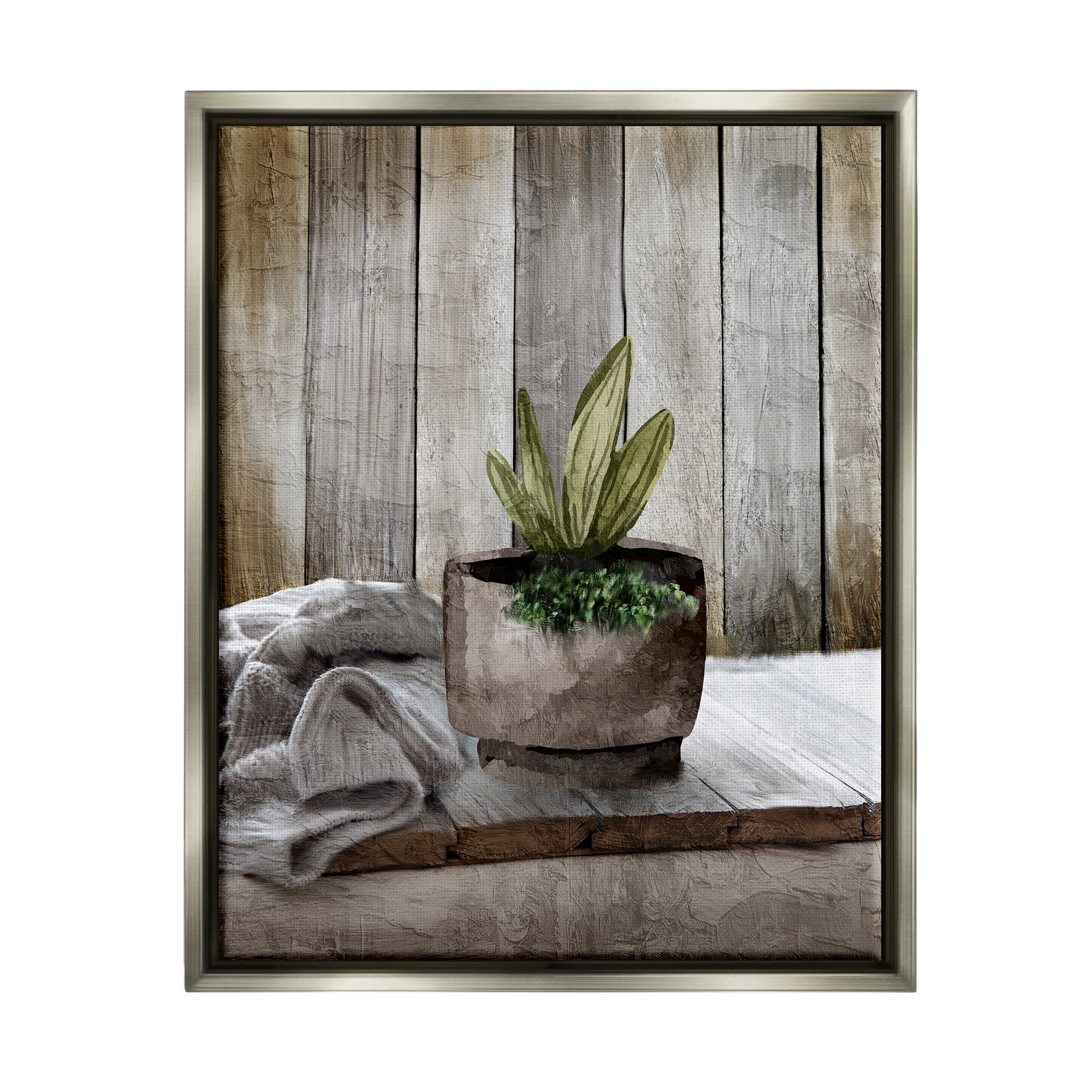 Stupell Industries Potted Plant Still Life Botanical & Floral Painting Gray Floater Framed Canvas Art Print Wall Art, 25 x 31