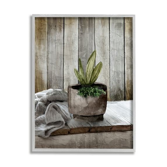 Stupell Industries Potted Plant Still Life Botanical & Floral Painting Gray Framed Art Print Wall Art, 11 x 14