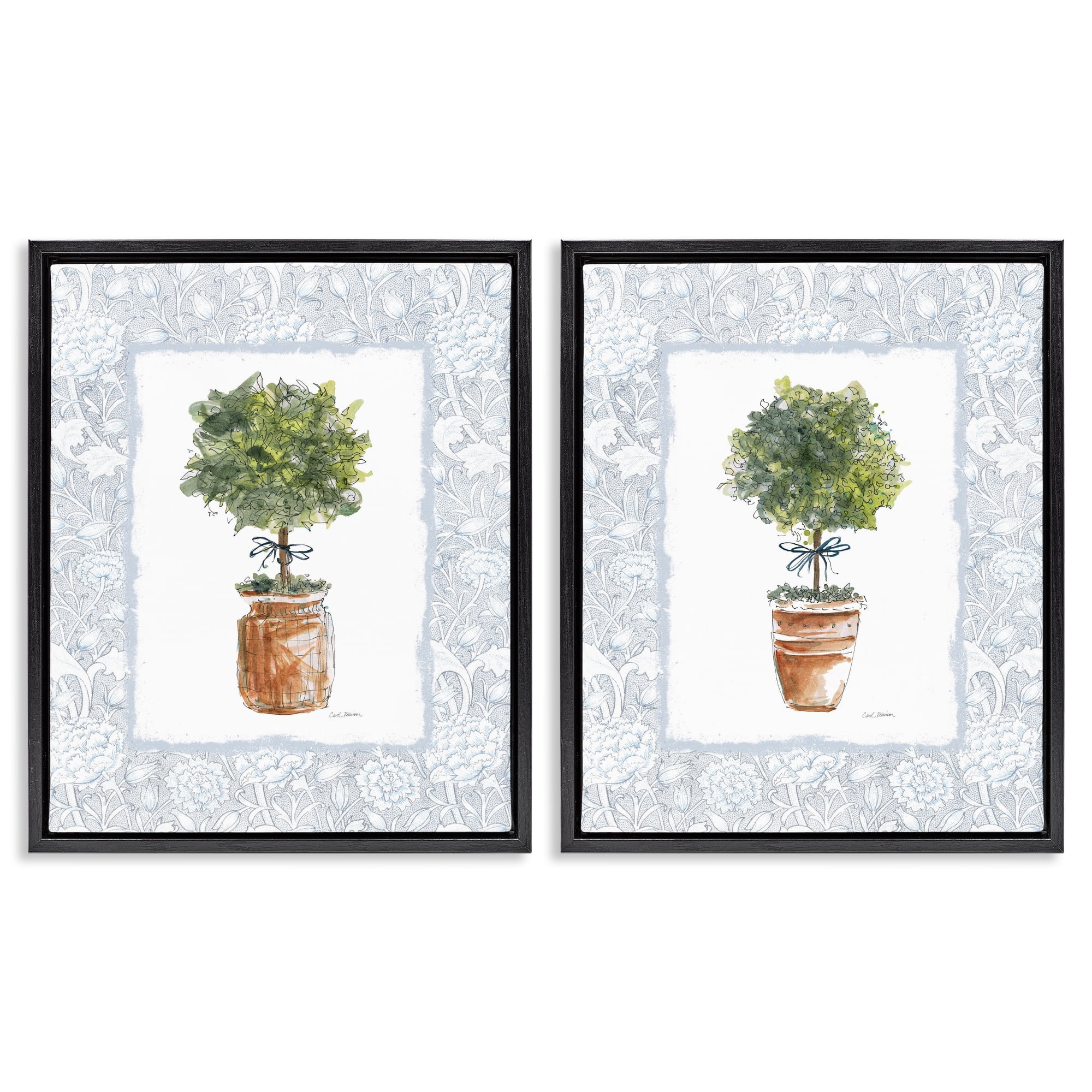 Stupell Industries Potted Topiary Plants 2 Piece Black Framed Floater Canvas Set, design by Carol Robinson