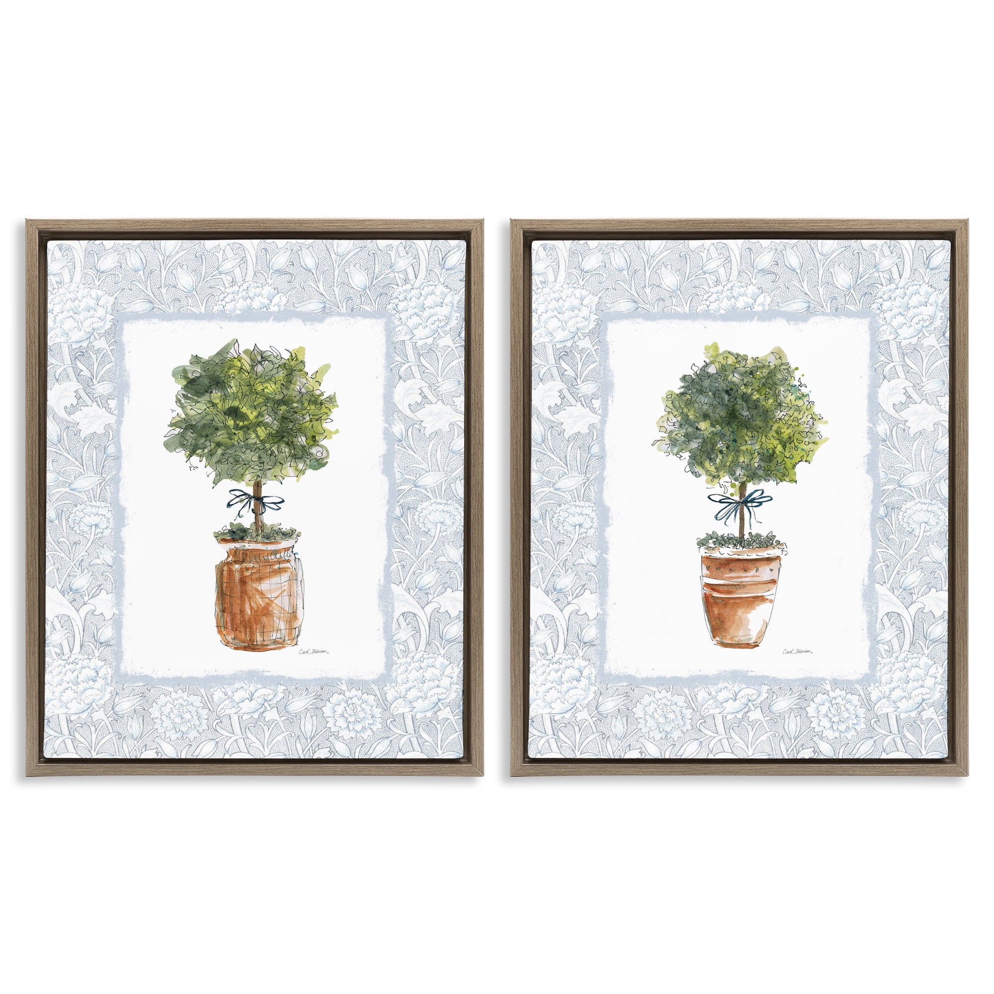 Stupell Industries Potted Topiary Plants 2 Piece Brown Framed Floater Canvas Set, design by Carol Robinson