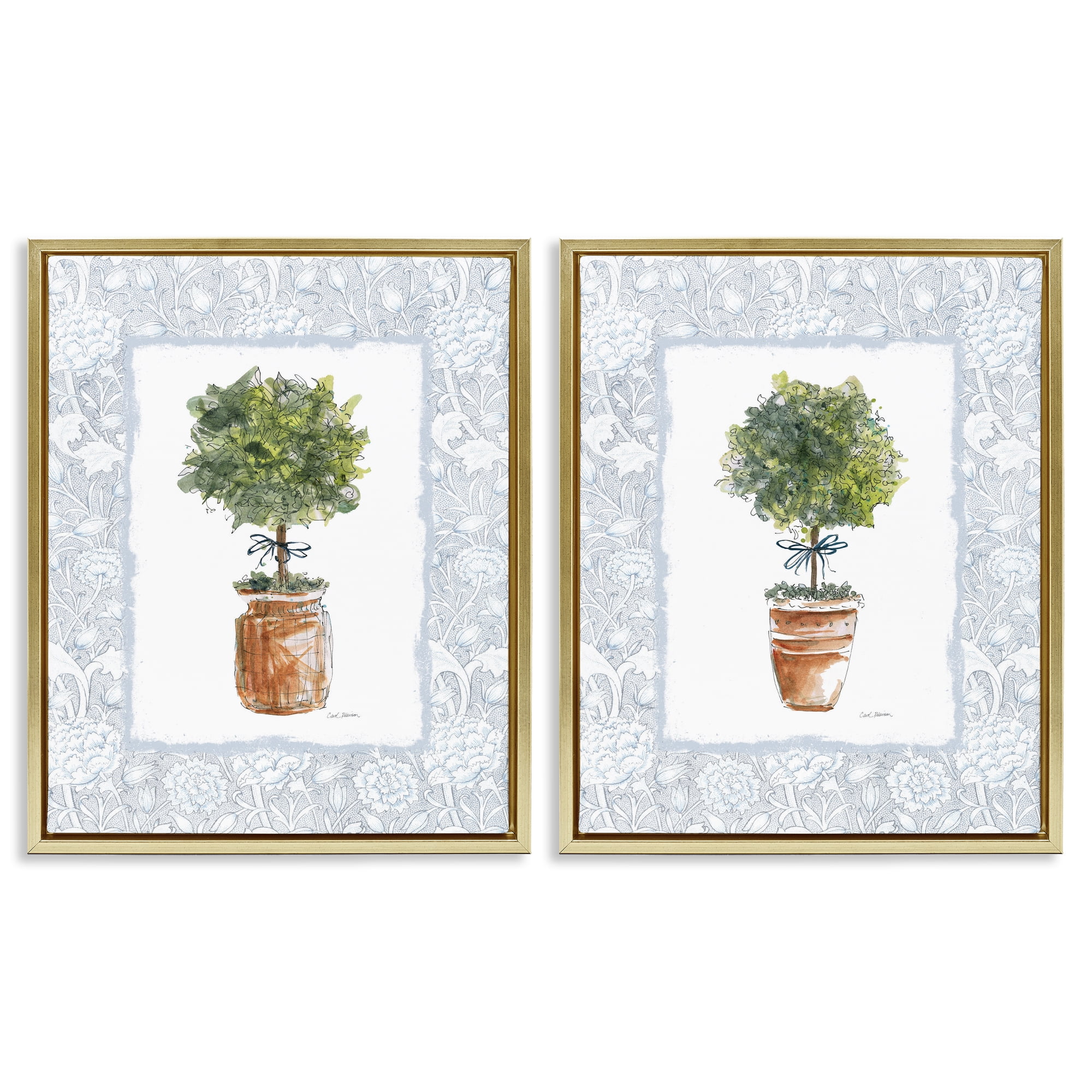 Stupell Industries Potted Topiary Plants 2 Piece Gold Framed Floater Canvas Set, design by Carol Robinson