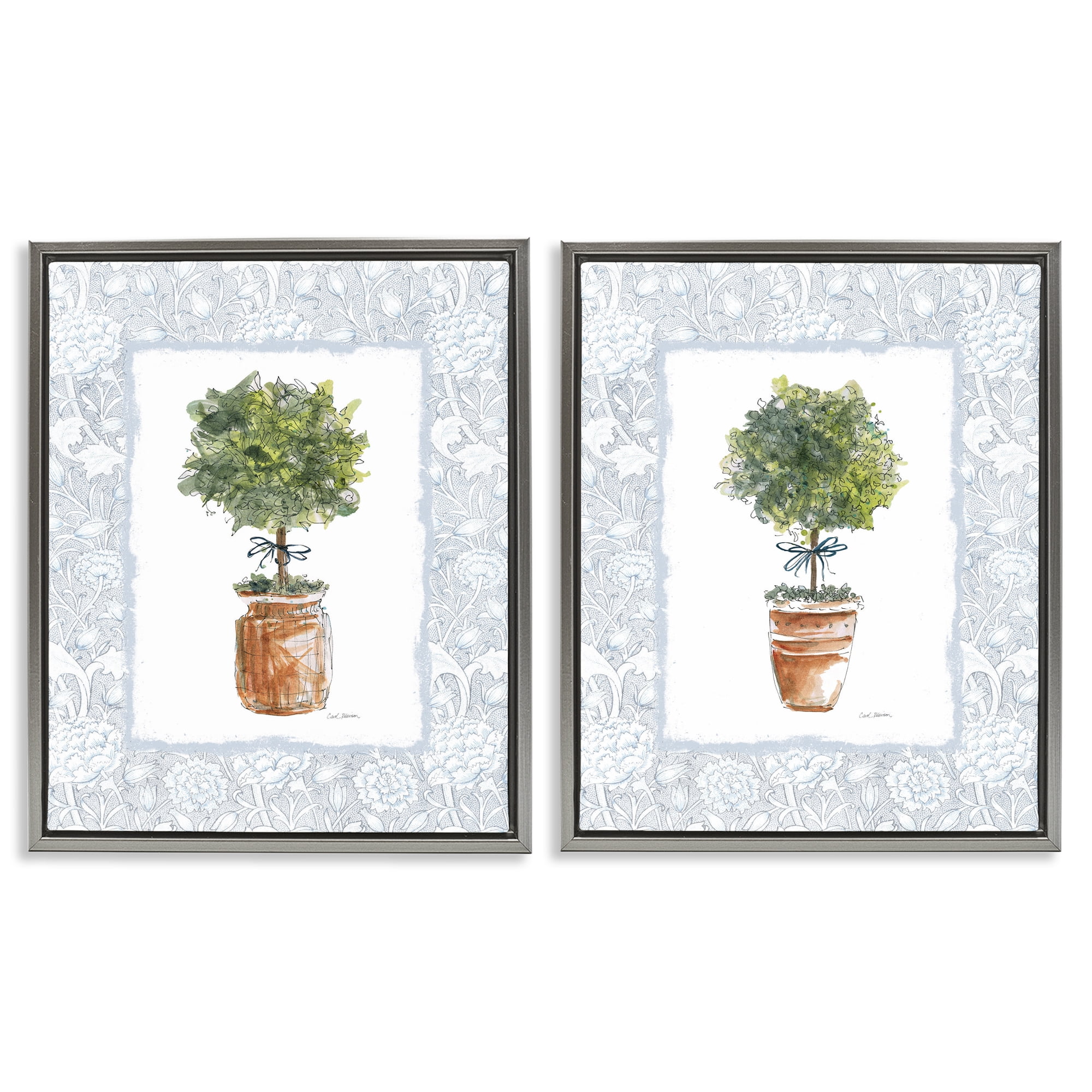 Stupell Industries Potted Topiary Plants 2 Piece Gray Framed Floater Canvas Set, design by Carol Robinson
