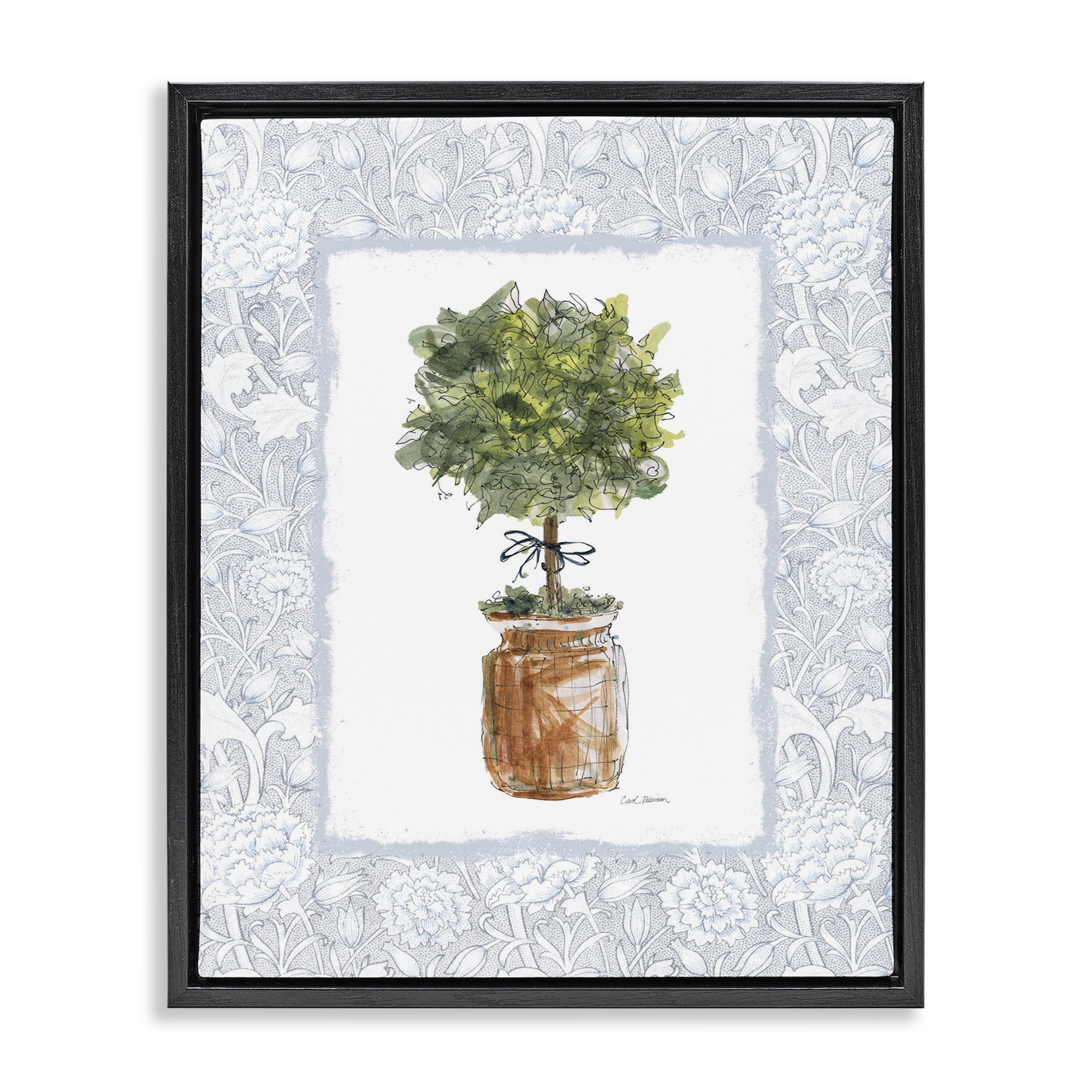 Stupell Industries Potted Topiary with Ribbon Black Framed Floater Canvas Wall Art, design by Carol Robinson