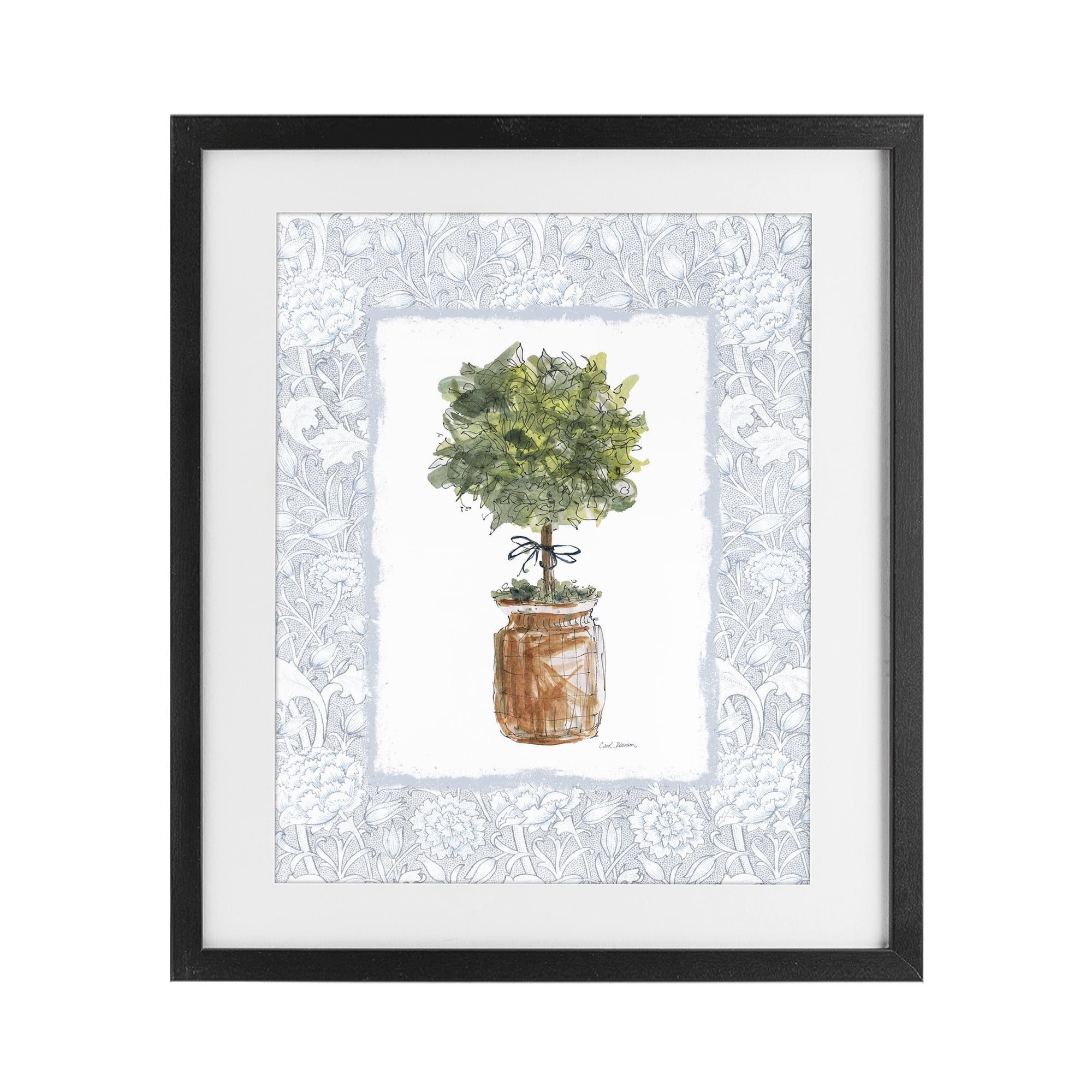 Stupell Industries Potted Topiary with Ribbon Black Framed Print Under Glass, design by Carol Robinson