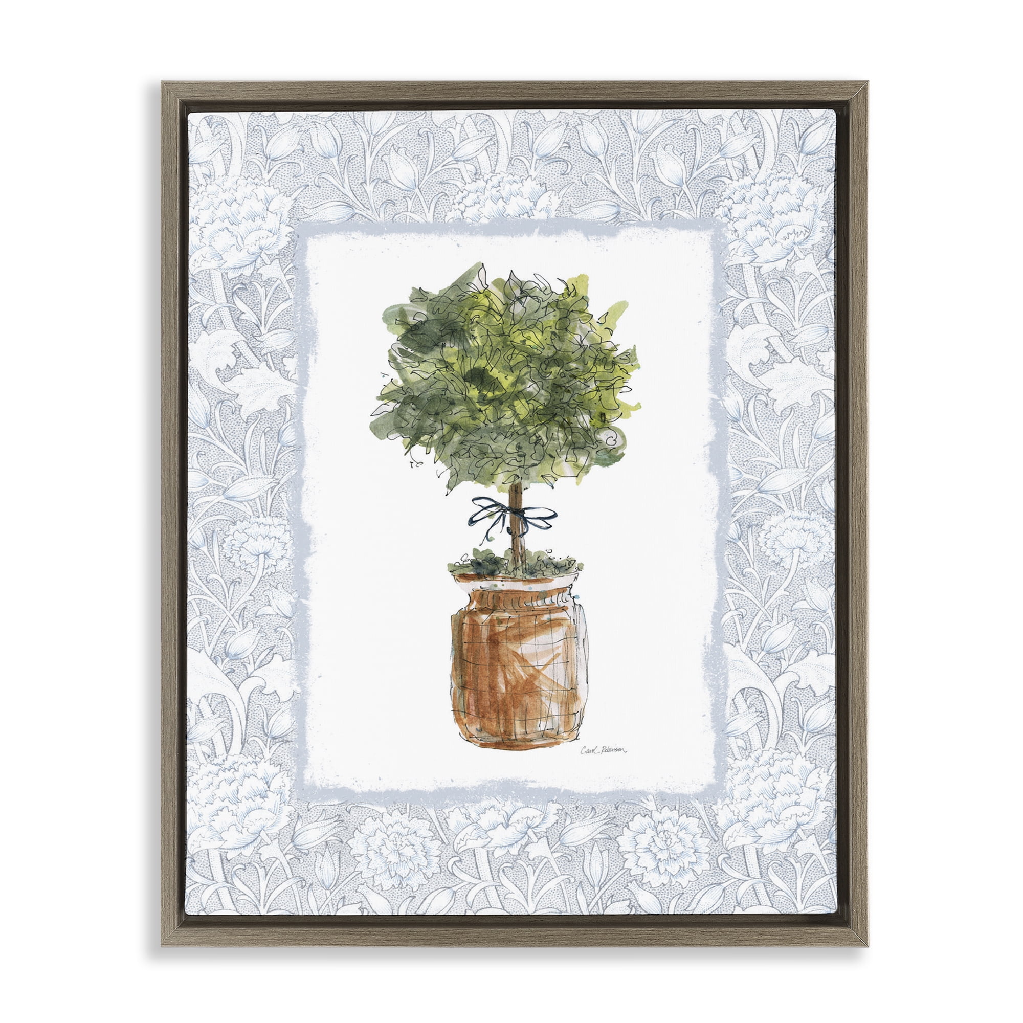 Stupell Industries Potted Topiary with Ribbon Brown Framed Floater Canvas Wall Art, design by Carol Robinson